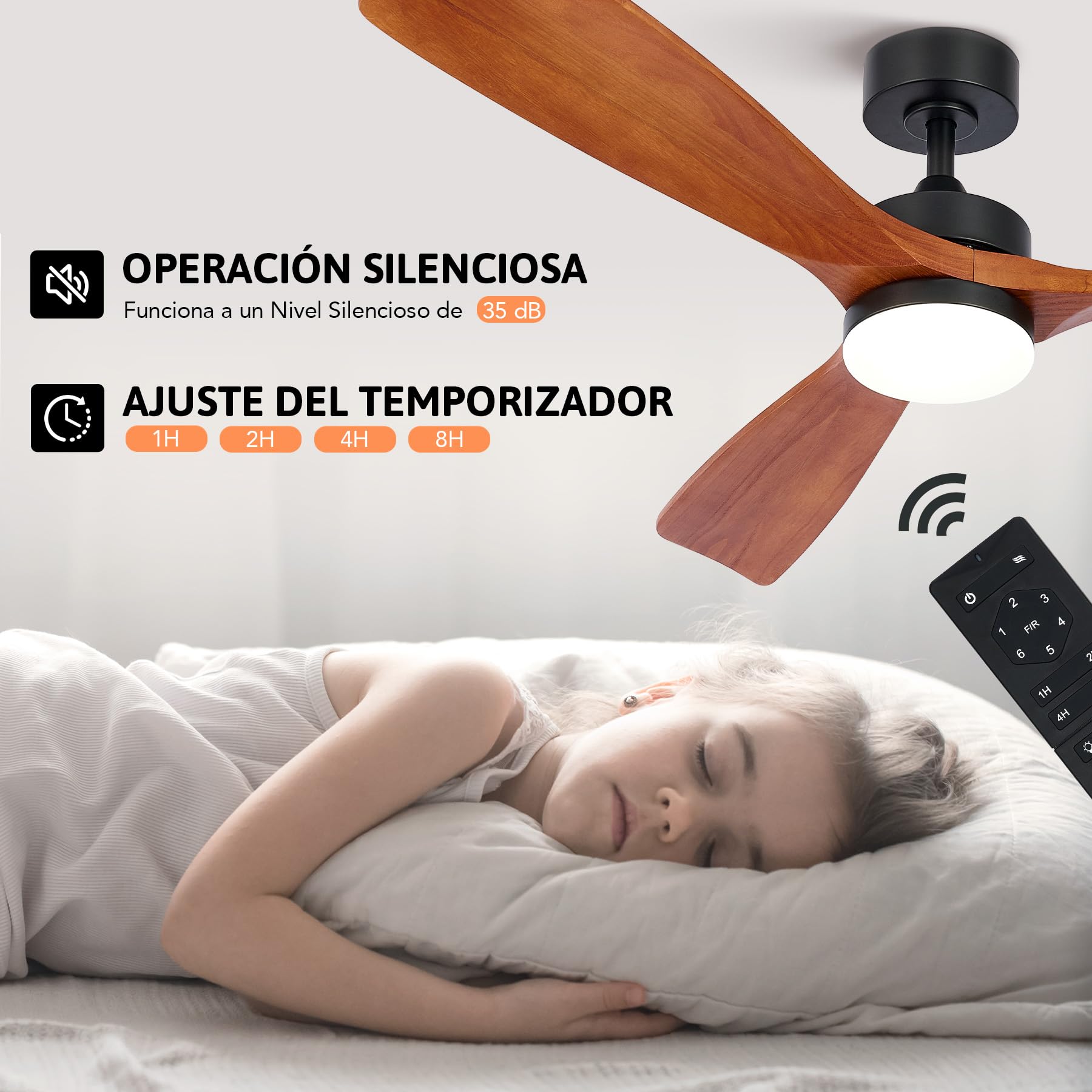 VONLUCE Ventilador de Techo con Luz y Mando a Distancia, Motor DC Silencioso Reversible 6 Velocidades, Función Verano/Invierno para Patio, Salón, 132cm de Diámetro, 3Aspas, Cerezo