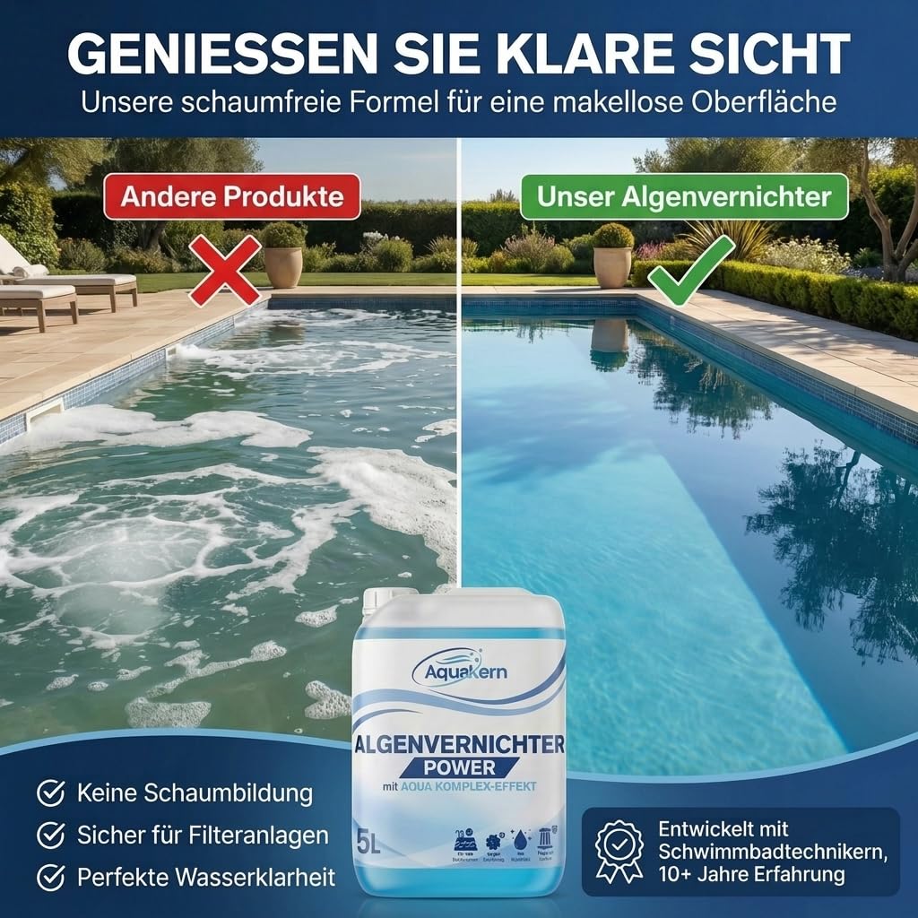 Härtestabilisator 5L & Algenvernichter Power 5L [entfernt Kalkablagerungen & Algen im Pool] mit Aqua KLAR KOMPLEX | Schützt die Pooltechnik | bindet Calcium & Metallionen | Made in Germany