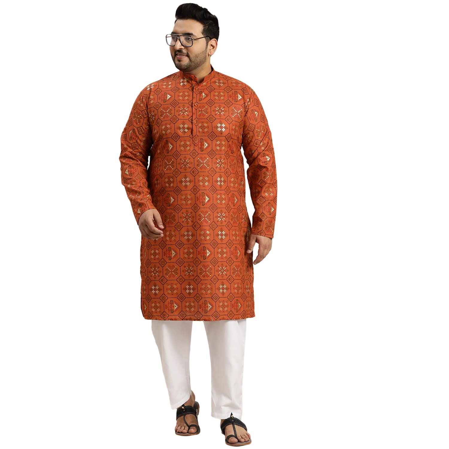 Sojanya Plus (Since 1958) Men's Cotton Linen Orange And Multi Printed Kurta And White Pyjama Set