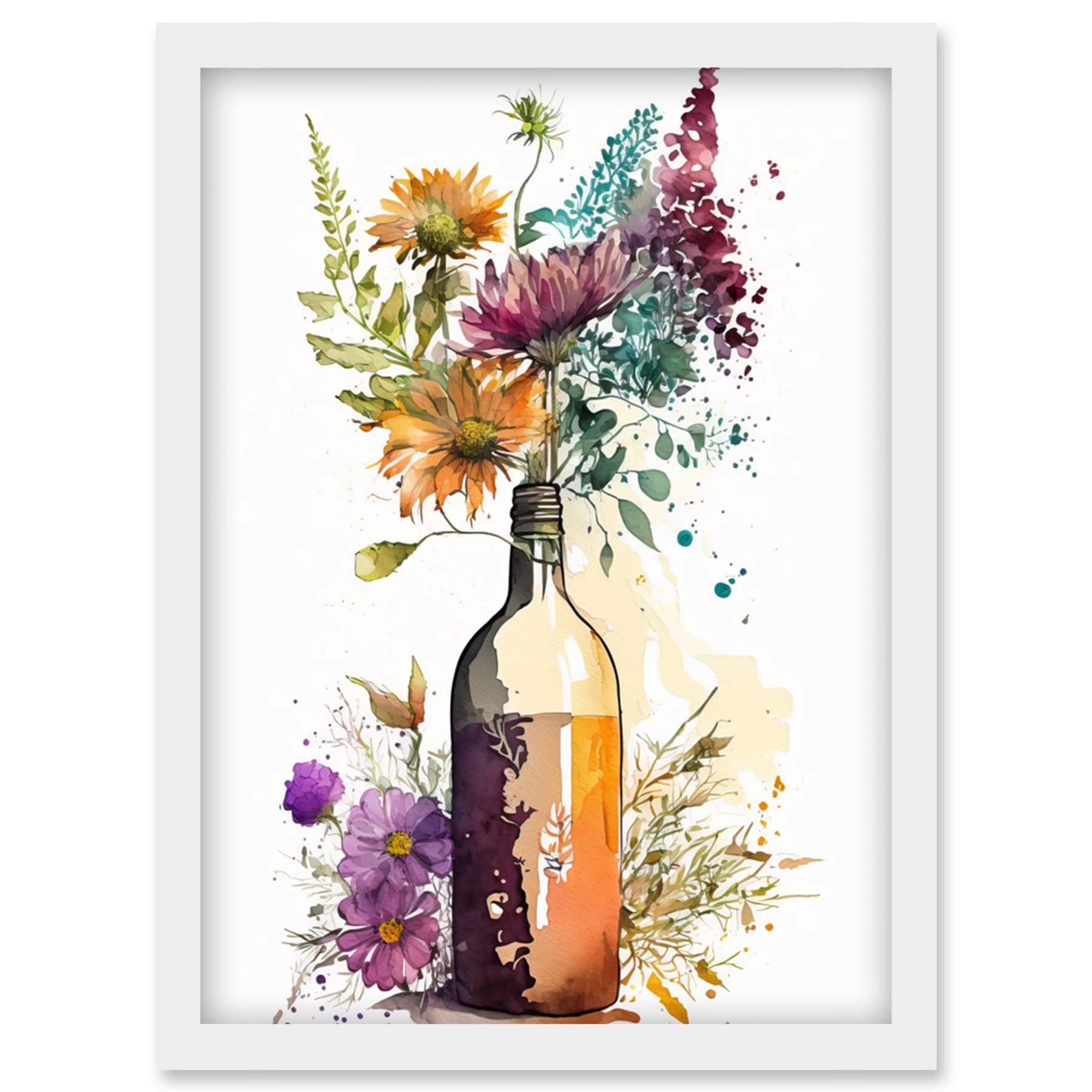 Artery8 Spring Wildflower Bouquet in a Glass Wine Bottle Artwork Framed Wall Art Print A4