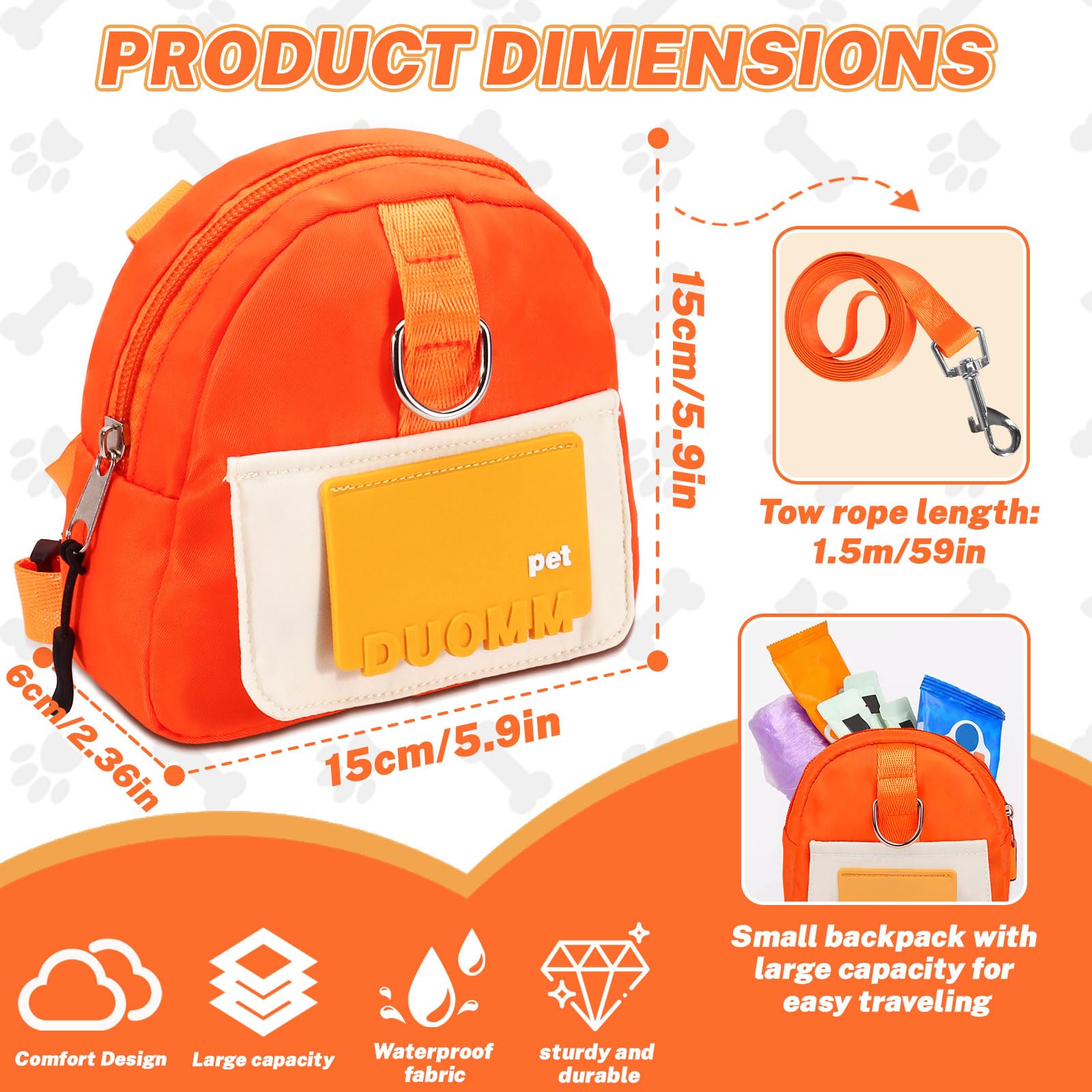 Bagentry Orange Dog Harness Backpack with Leash & Poop Bag Dispenser, Modern Style, Medium Dog, 17-33 Lb, 5.9