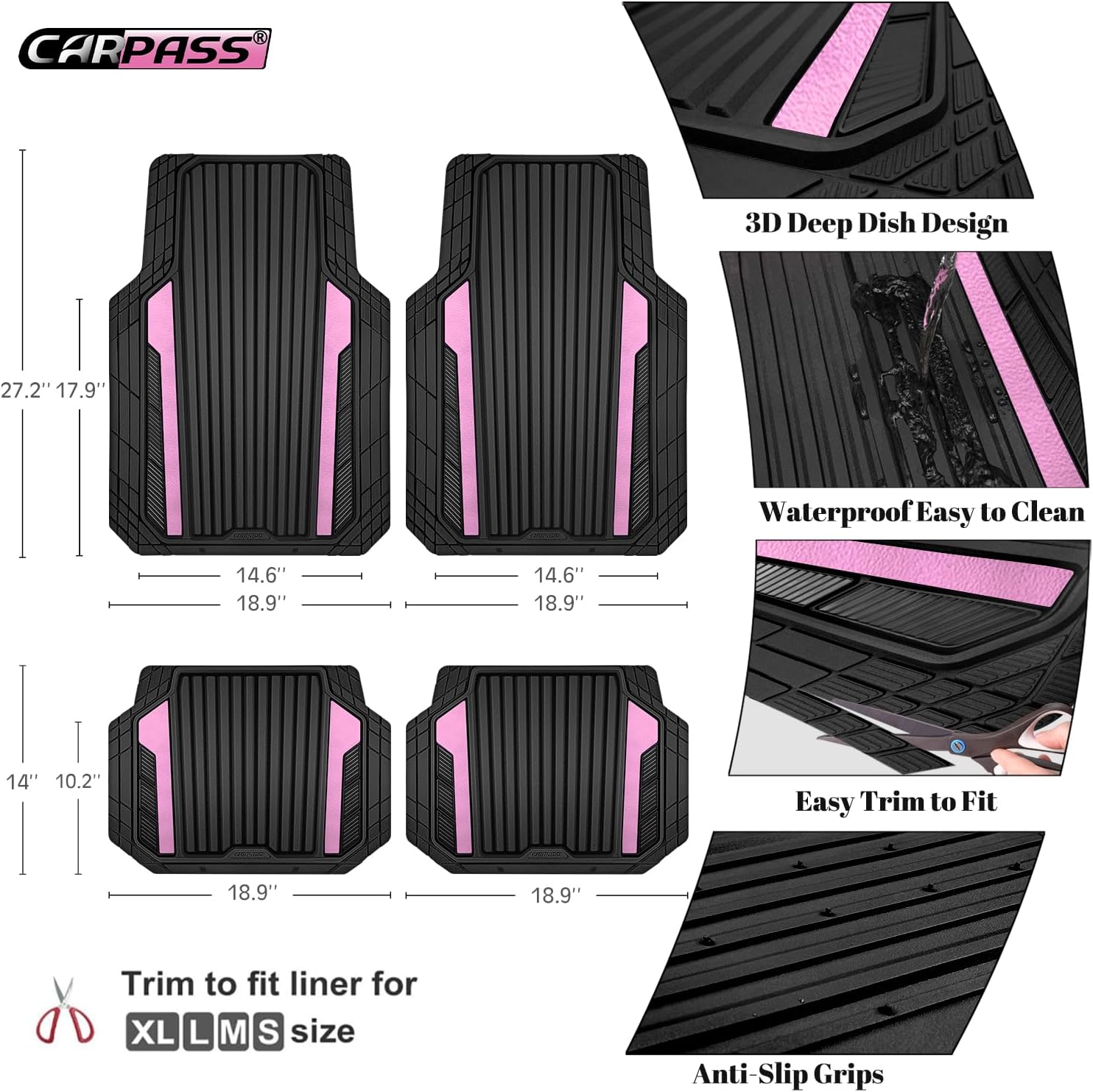 CAR PASS Heavy Duty Rubber Car Mats Metallic, Aluminum Film Cute All Weather Floor Mats Waterproof Universal Trim to Fit for SUV Sedan Van 4 Piece Deep Dish Two-Tone Sporty Black Light Pink Chrome - Image 4