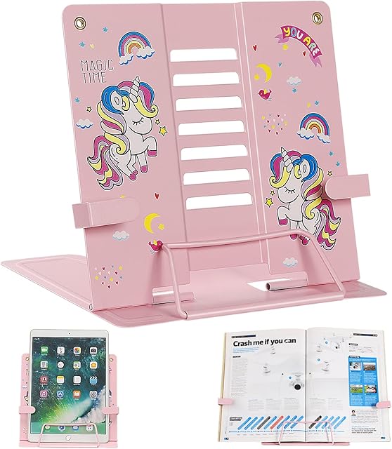 Housolution Desk Book Stand,Metal Reading Rest Book Holder, Adjustable Cookbook Holder,Documents Holder Portable Sturdy, Bookstands for Recipes with 7 Adjustable Reading Angles, Pink Unicorn