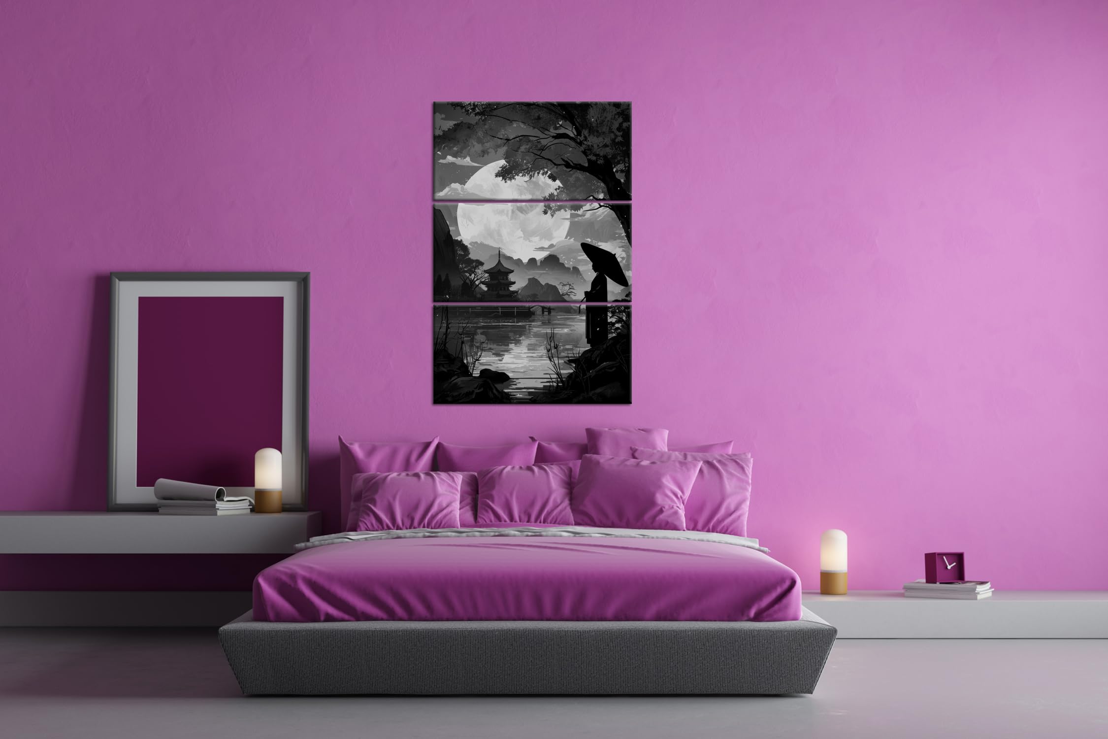 Podróżnik w świetle księżyca, ukryty w cieniu jesiennego japońskiego ogrodu. Format: 120 x 80 cm (3 części) Efekt: czarno-biały jako obraz na płótnie, motyw oprawiony na ramie z prawdziwego drewna,