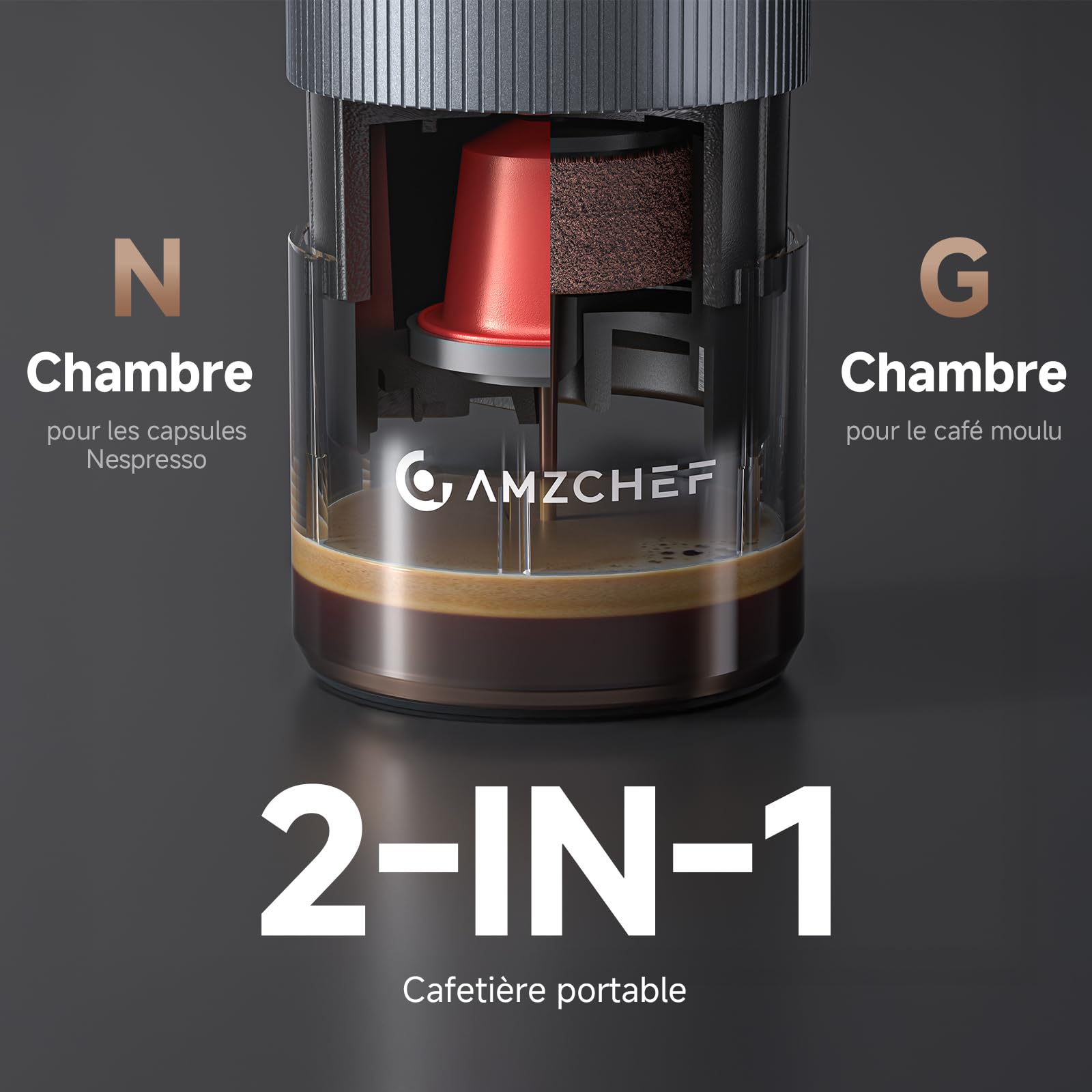 AMZCHEF Machine à Café Espresso Portable de Voyage avec Batterie – 20 Bars, Chauffage Rapide USB-C – Compatible avec Capsules & Café Moulu – Cafetiere Portable pour Camping/Bureau,Aluminium