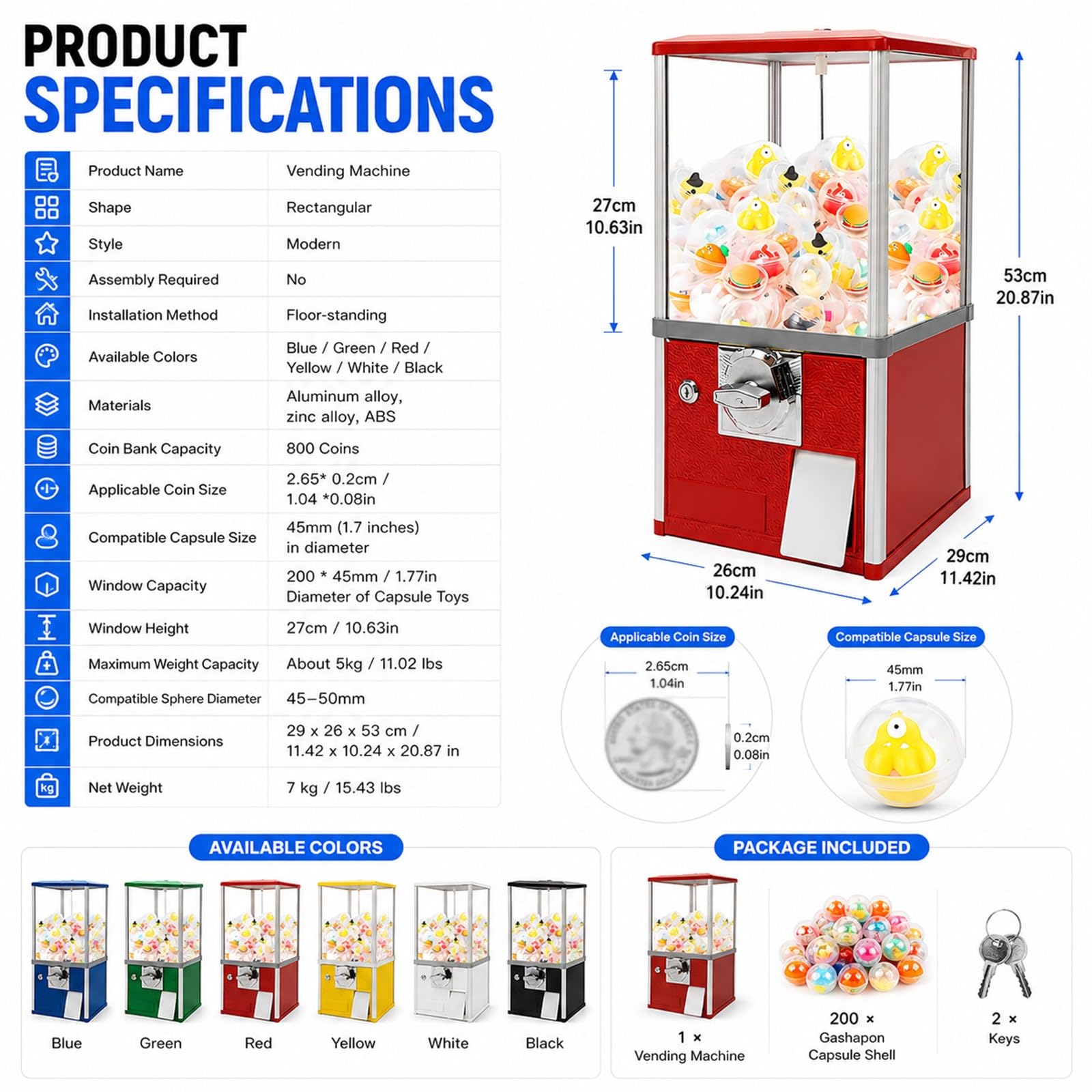Distributore Automatico a Monete per Capsule, Vending Machine Commerciale con Capacità 200 Capsule e Cassaforte da 800 Monete, Dispenser Caramelle da Banco per Negozi Sale Giochi(Blue)