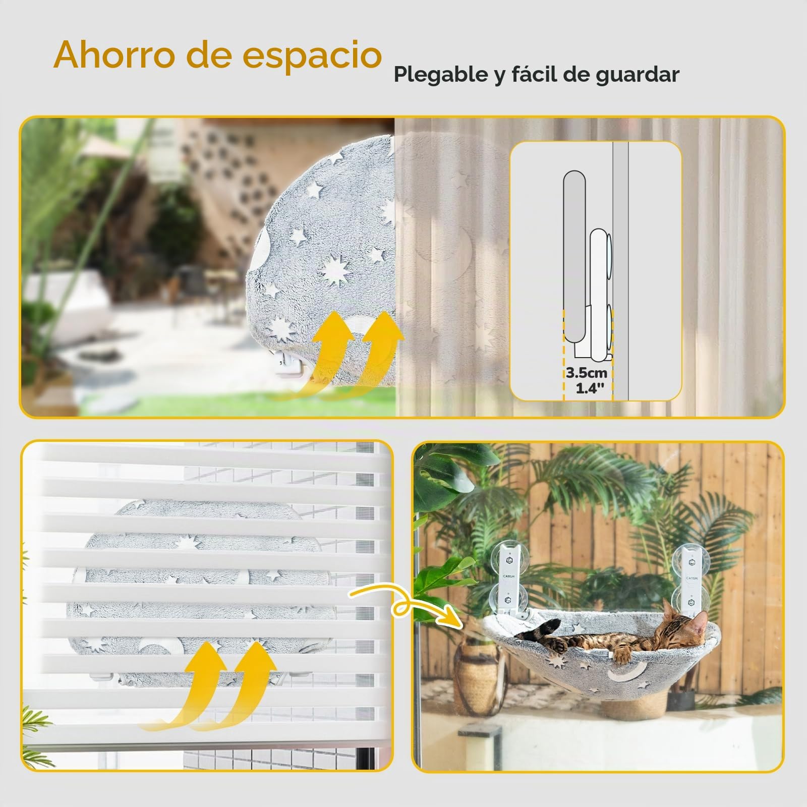 CATISM Plegable Hamaca Gato Ventana con Luminosa Estrellas y Luna, Camas para Ventanas con Ventosa Fuerte, Asiento Ventana Tumbona para Gatos, Tela Lavable, Cama Gato Ventana (50 x 36.5 cm)