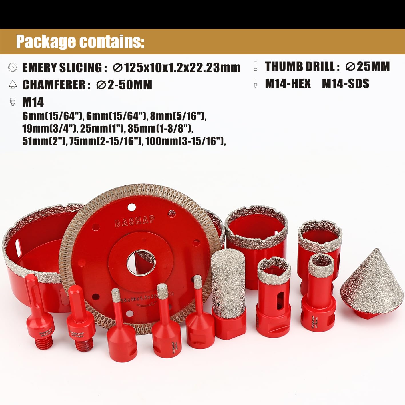 Diamond Hole Saw Kit,14 PCS Porcelain Tile Drill Bits Set 6/6/8/19/25/35/51/75/100mm,Diamond Core Drill Bits Set for Ceramic, Granite,Porcelain