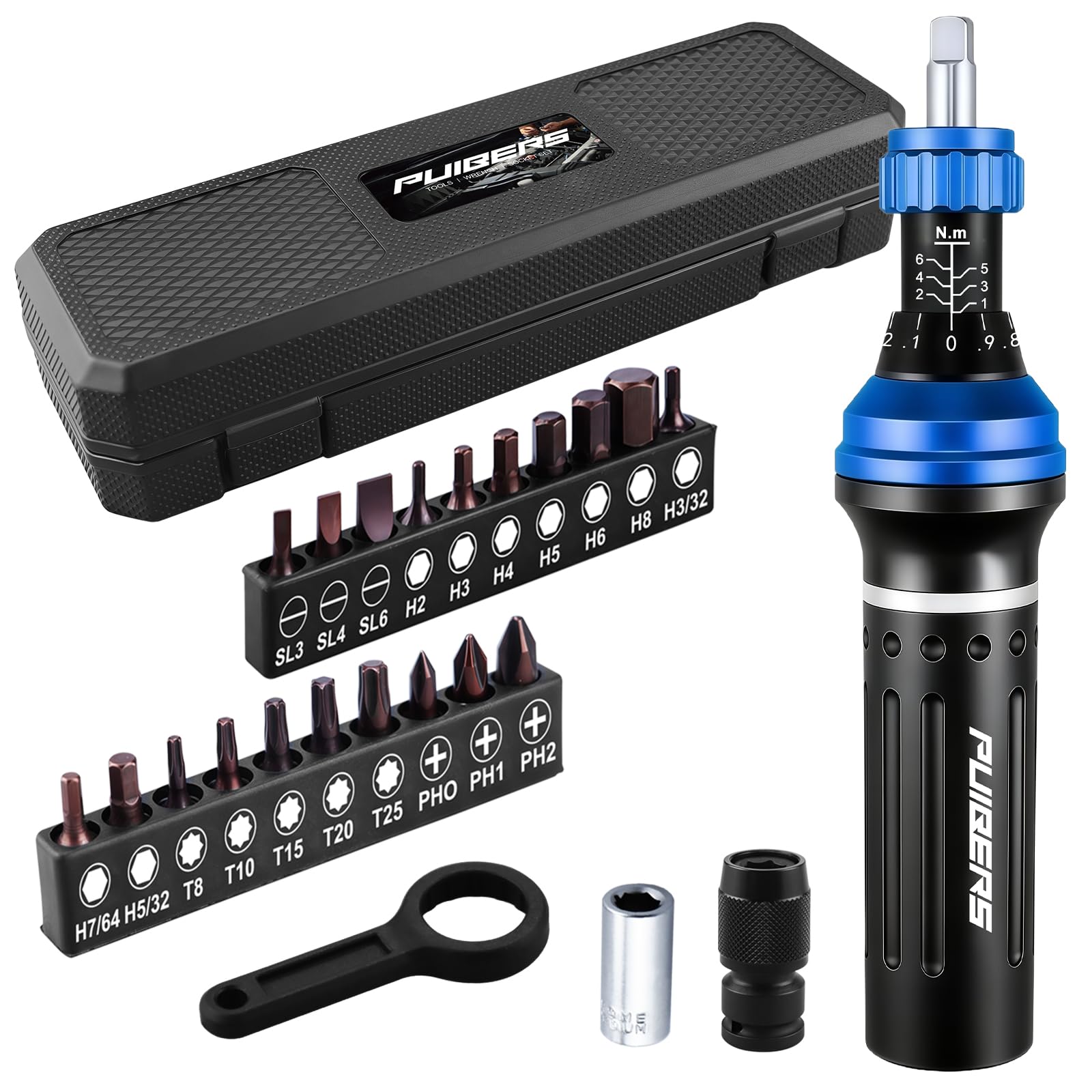 PUIBERS 1/4" Torque Screwdriver Set (1-6 N.m), Adjustable Torque Wrench Screwdriver Set with Slotted/Hex/Torx/Phillips Bits, Leverage Bar and Storage Case for Bicycle, Drone & DIY Repair โ image 1