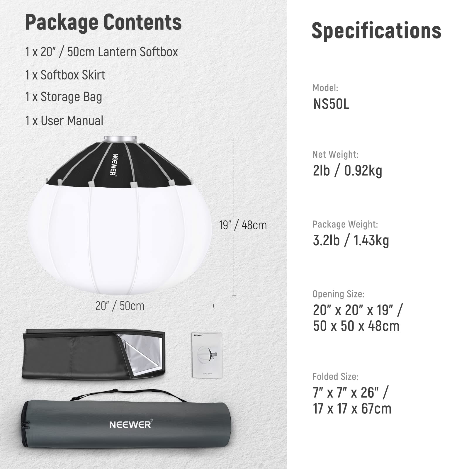 NEEWER 20"/50 cm Latarnia Softbox One Step Quick Release, dyfuzor światła 360° ze spódnicą, uchwyt Bowens do lampy wideo CB60 CB100 CB150 kompatybilny z Aputure Light 600d Amaran 60x Godox SL60W,