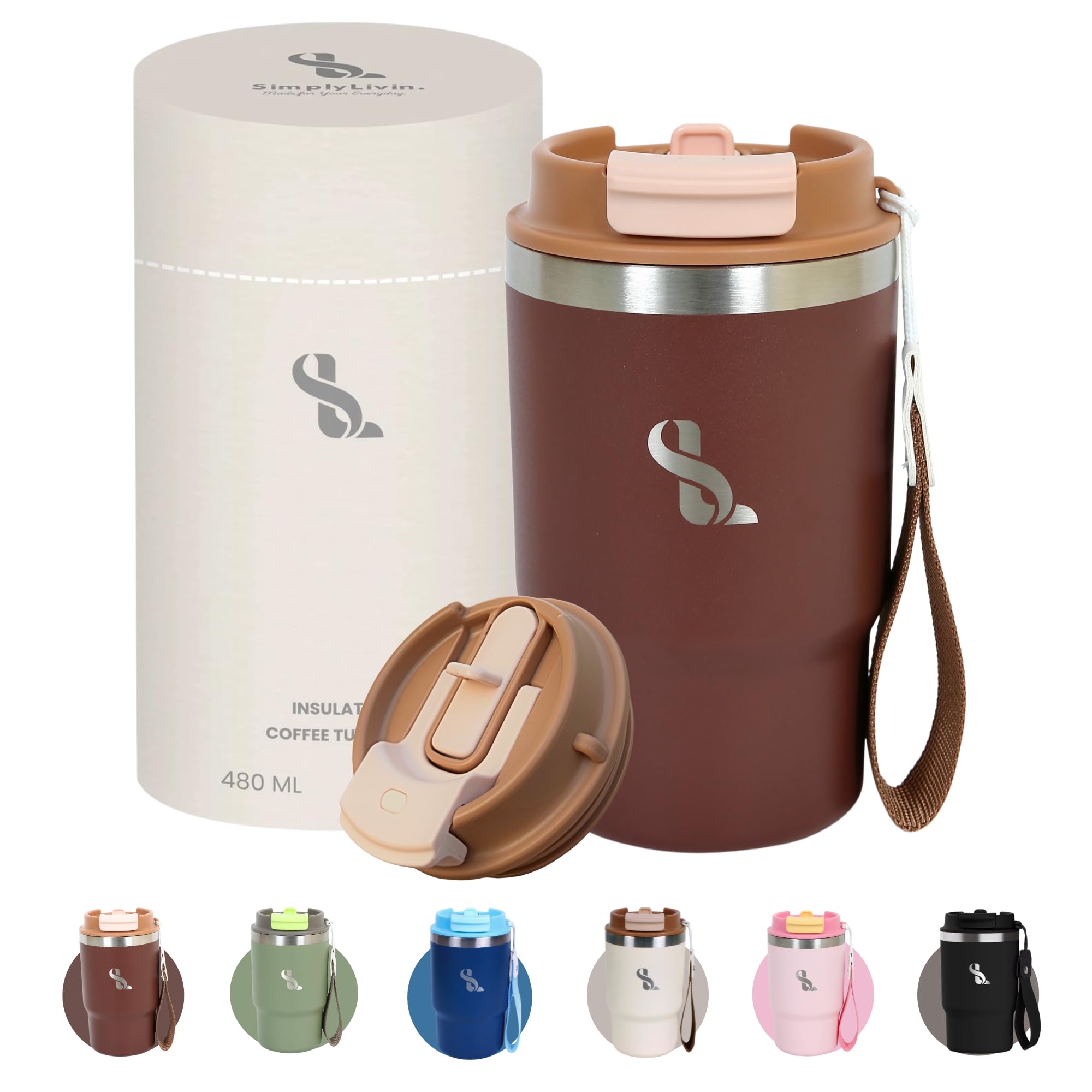 SimplyLivin. Premium Tumbler with Lid and Straw | 480ml (16oz) | Hot and Cold Drinks | Leak Proof | Travel Mug | Coffee Cup | Double Wall Stainless Steel | Unique Packaging for Gifts | Coffee Brown