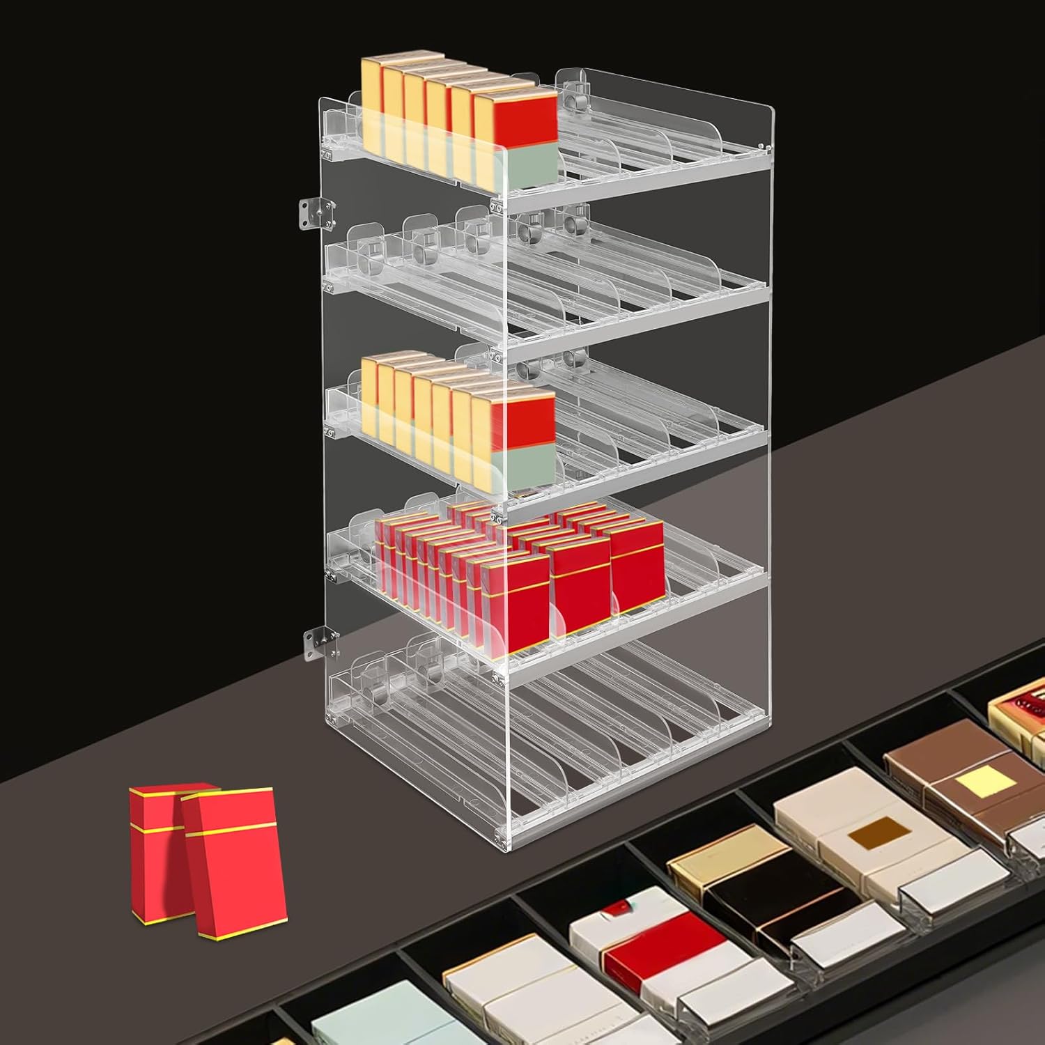 Display Shelves Display Case, 5-Tier Cigarette Display Holder with Automatic Pusher System, 250pcs Cigarette Rack for Store Counter, Clear Acrylic Cigarette Display Case with Wall Mount