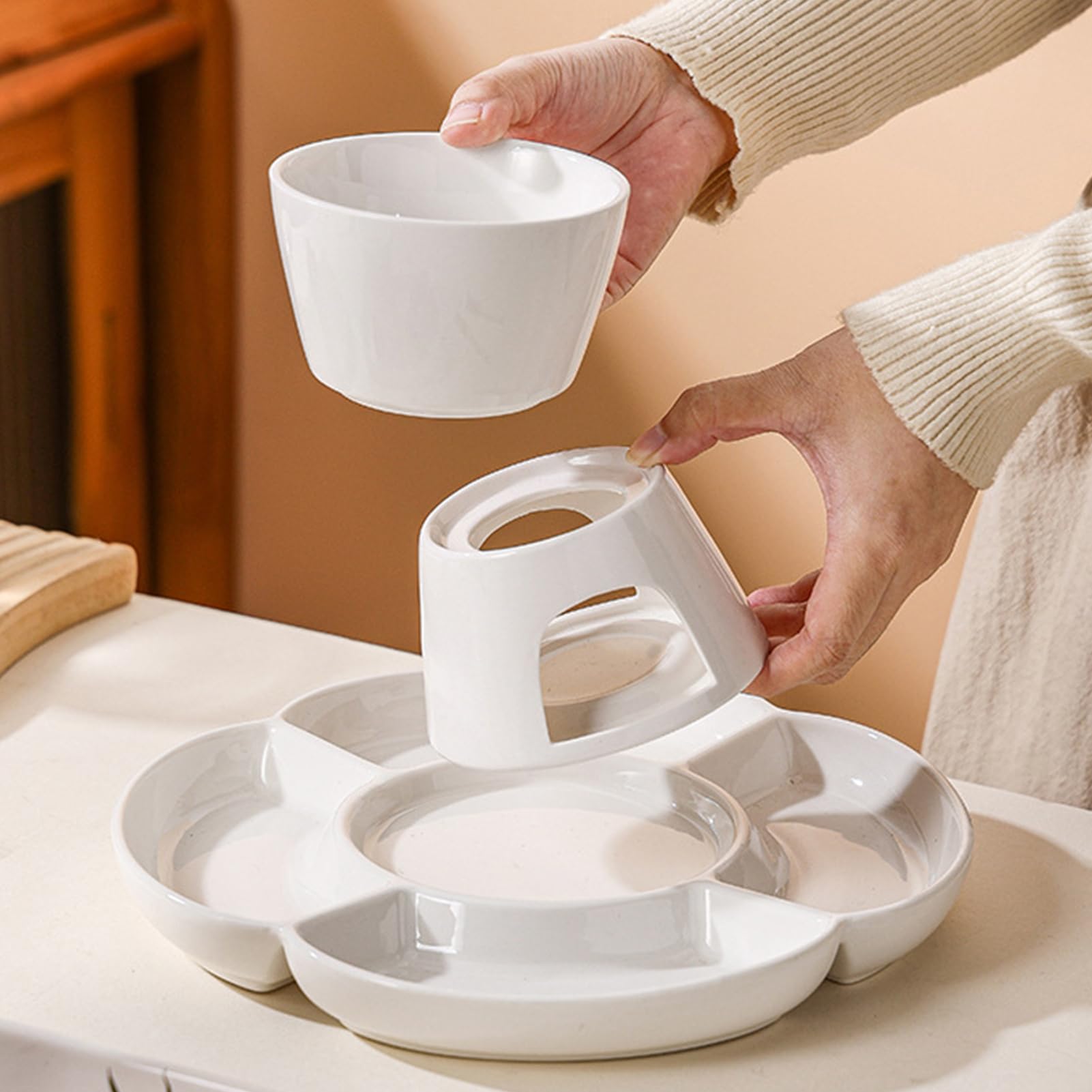 Set de Fondue de Chocolate Cerámica, con vela, Tenedor, Bandeja | Kit Fundidor Chocolate Para Snacks De Frutas, Bocaditos, Noche De Juegos Y Cine, Navidad, San Valentín, Cumpleaños,