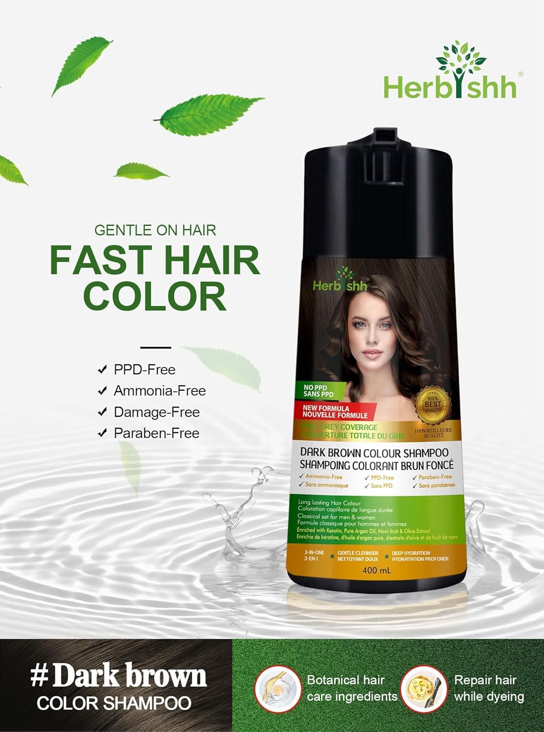 Herbishh Dark Brown 3 in 1 Hair Dye Shampoo 400 ML PPD Free + Hair Color Stain Protector – Dye Shield or Defender for Skin