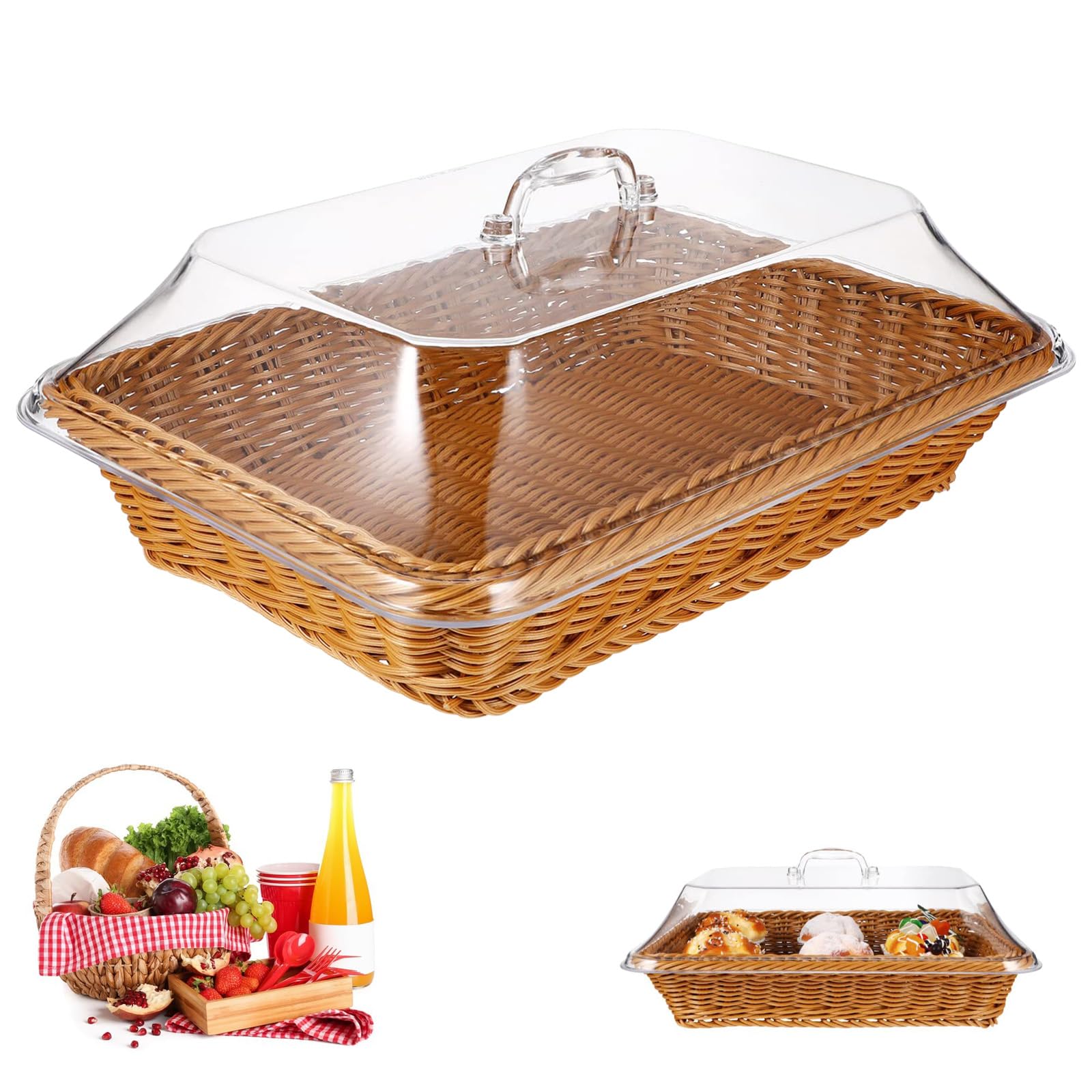 Wicker Basket with Acrylic Lid, Wicker Storage Basket, Wicker Basket With Lid for Food, Tabletop Food Serving Basket, Woven Bread Picnic Basket Wicker Bread Basket for Serving (Brown)