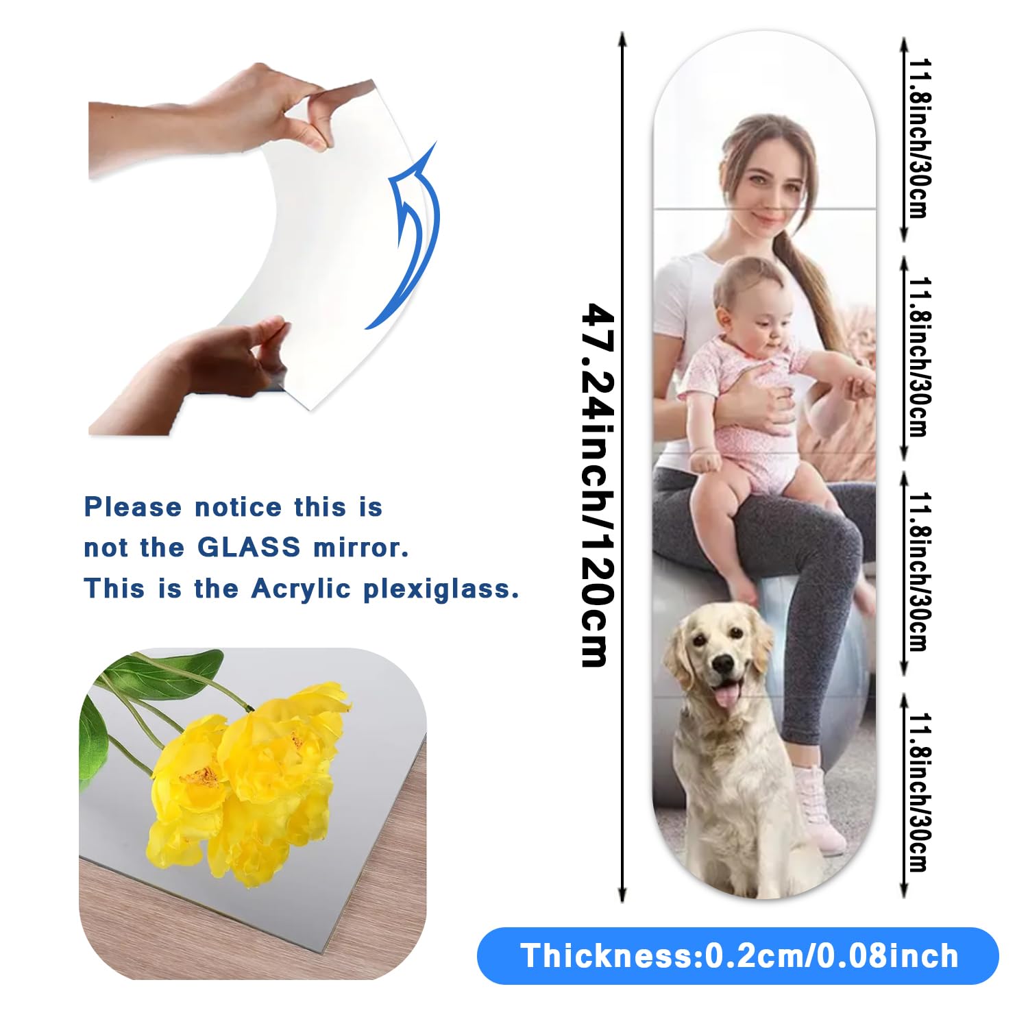 Specchi Da Parete Adesivi Acrilici - Set 4 Pezzi 30x30 Cm, Infrangibili, Sicuri, Per Bagno, Camera O Soggiorno - Foto 6