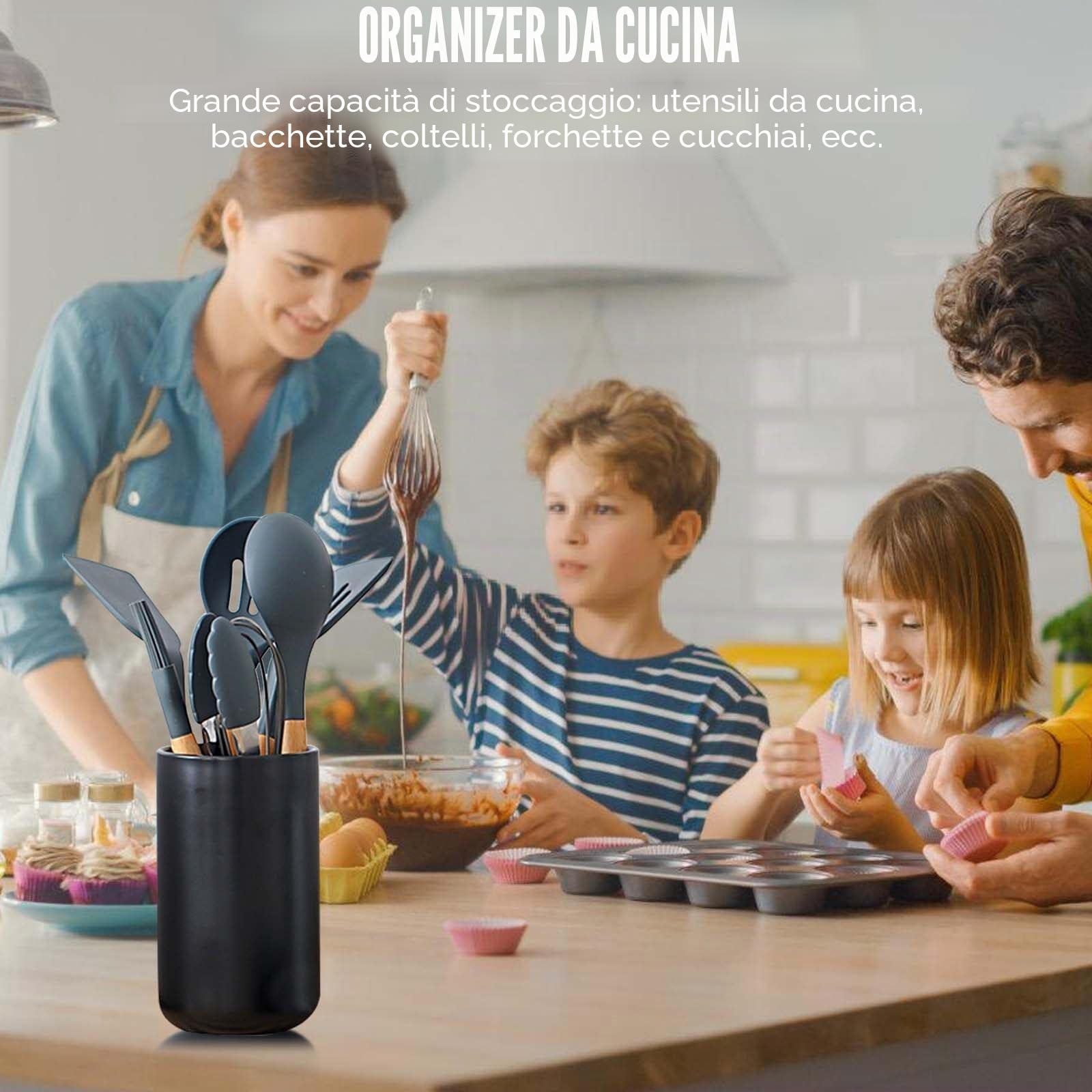 Aicharynic Porta utensili da cucina, ceramica, 17,6 x 10,1 cm, portaposate, moderno, nero