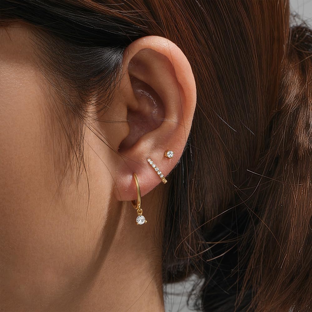 3 Pieces Gold Hoop Earrings Set, Dainty Stud Earrings Trendy Small 14K Gold Plated Hypoallergenic Dangle Cartilage Huggie Hoop Earrings for Women Jewelry Gifts - Image 6