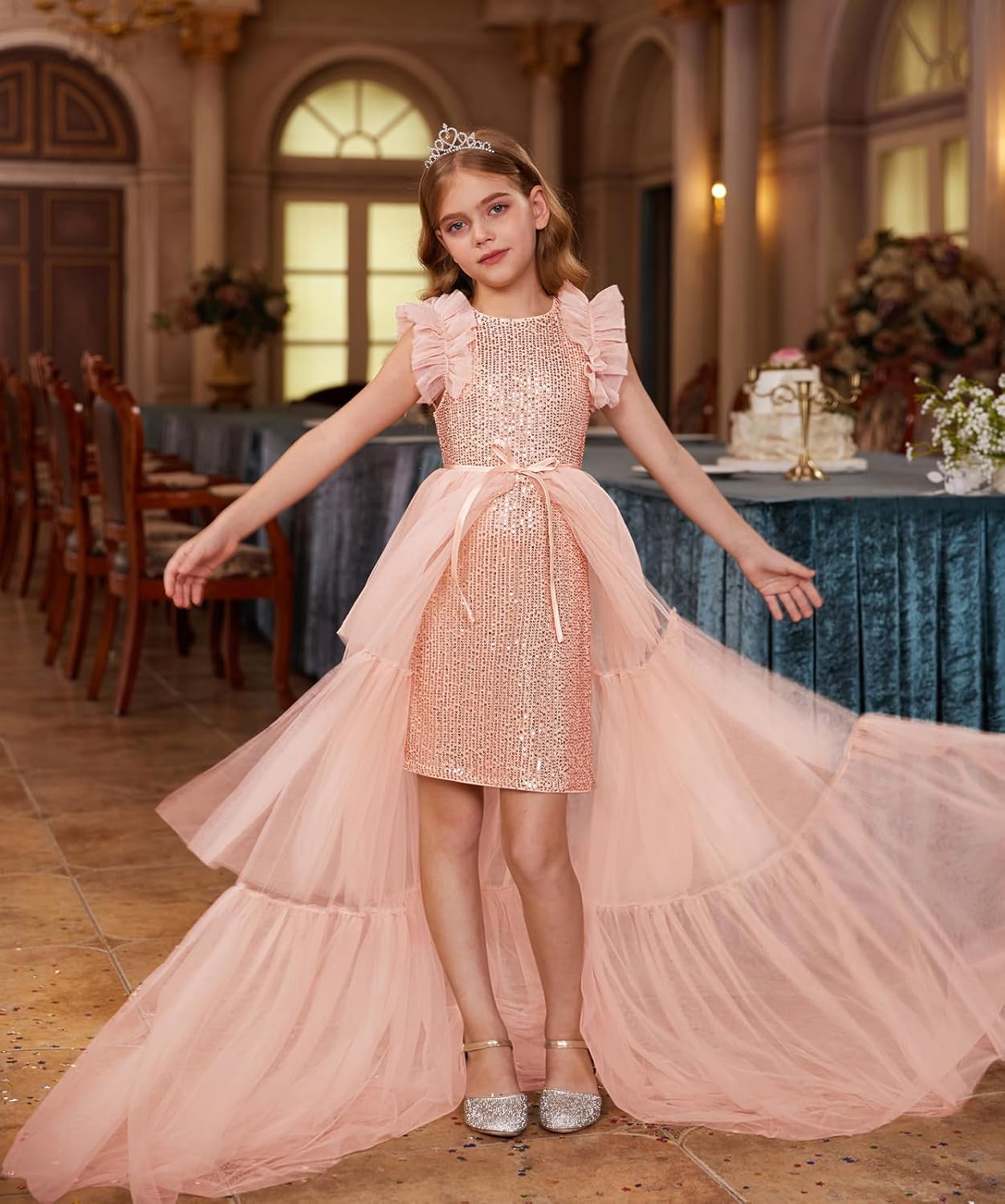 GRACE KARIN Girls Sequin Dress Formal Pageant Sparkle Party Ruffle Prom Maxi Dress Size 5-14Y - Image 2