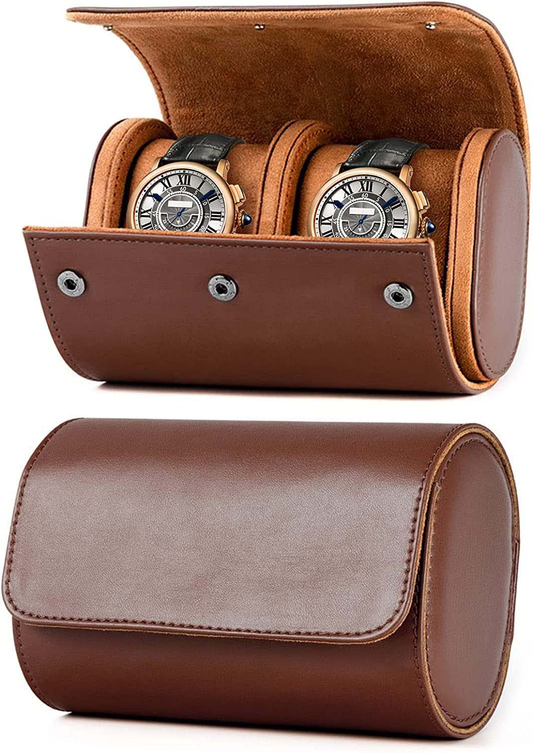KOWVOWZKOWVOWZ Watch Travel Case Handmade Leather Watch Rolls Box for Man Travel Watch Roll with Velvet to Protection Watch Roll Organizer to Home Secure Storage (2 Slot, Brown)