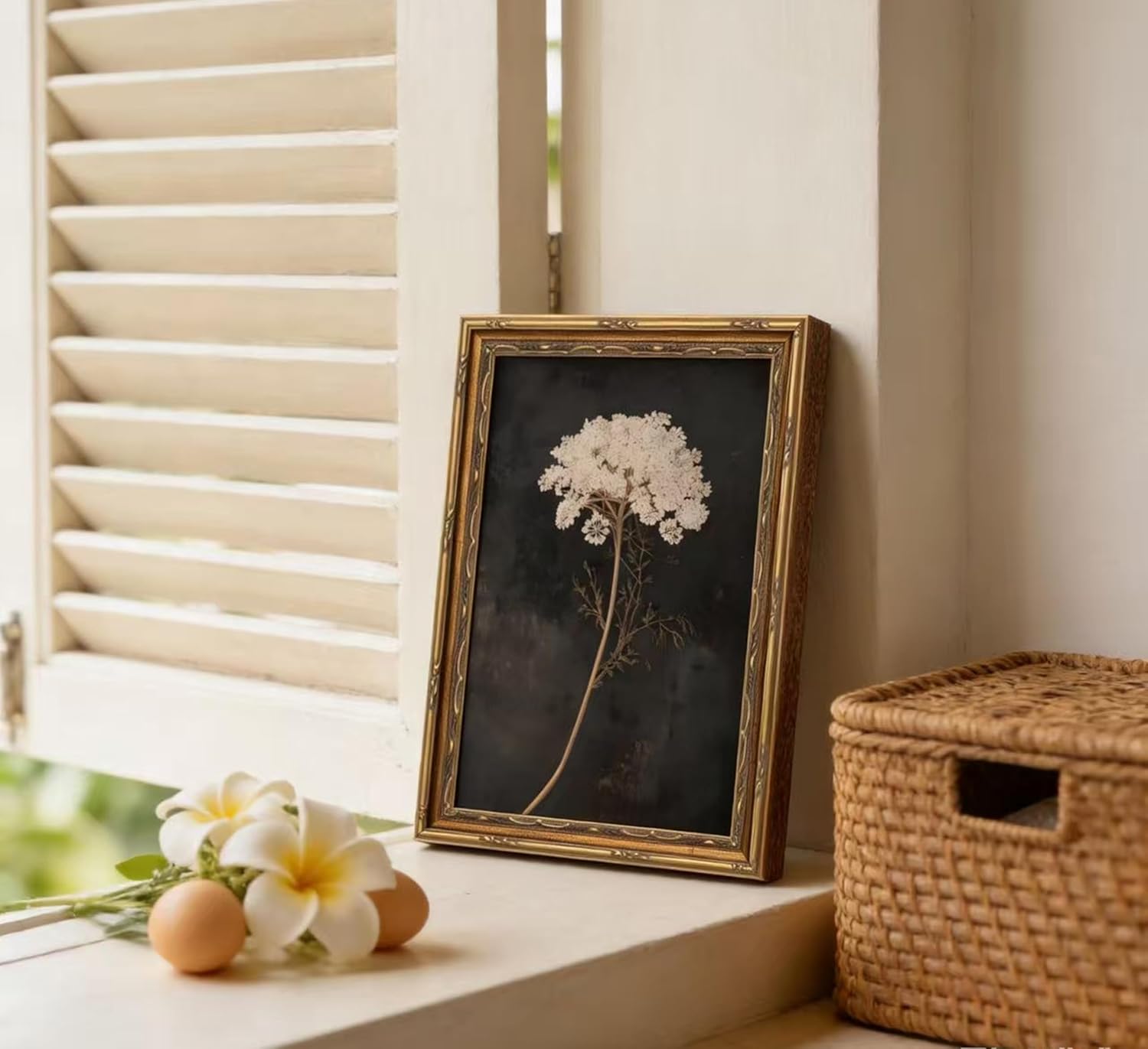 Vintage Gold Framed Floral Wall Art Dark Moody Flower Botonical Canvas Painting Picture Wall Decor Retro Rustic White Flowers Still Life Victorian Poster Print Artwork for Living Room Bedroom Home