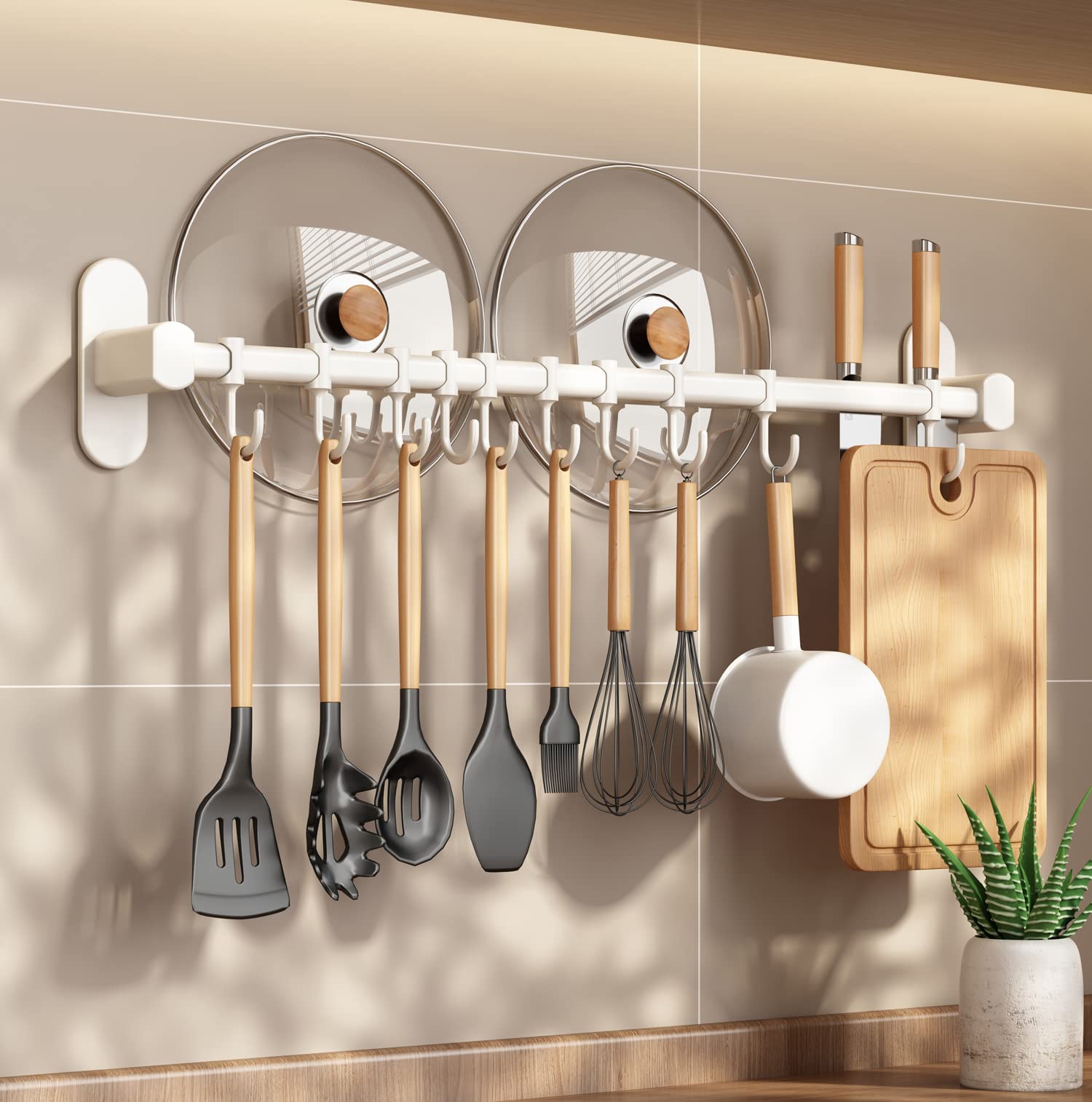 24HOCLKnife Holder Space Aluminum Knife Rack for Wall with Double Storage Bar Knife Strip Kitchen Holder with 6 Hooks (50CM)