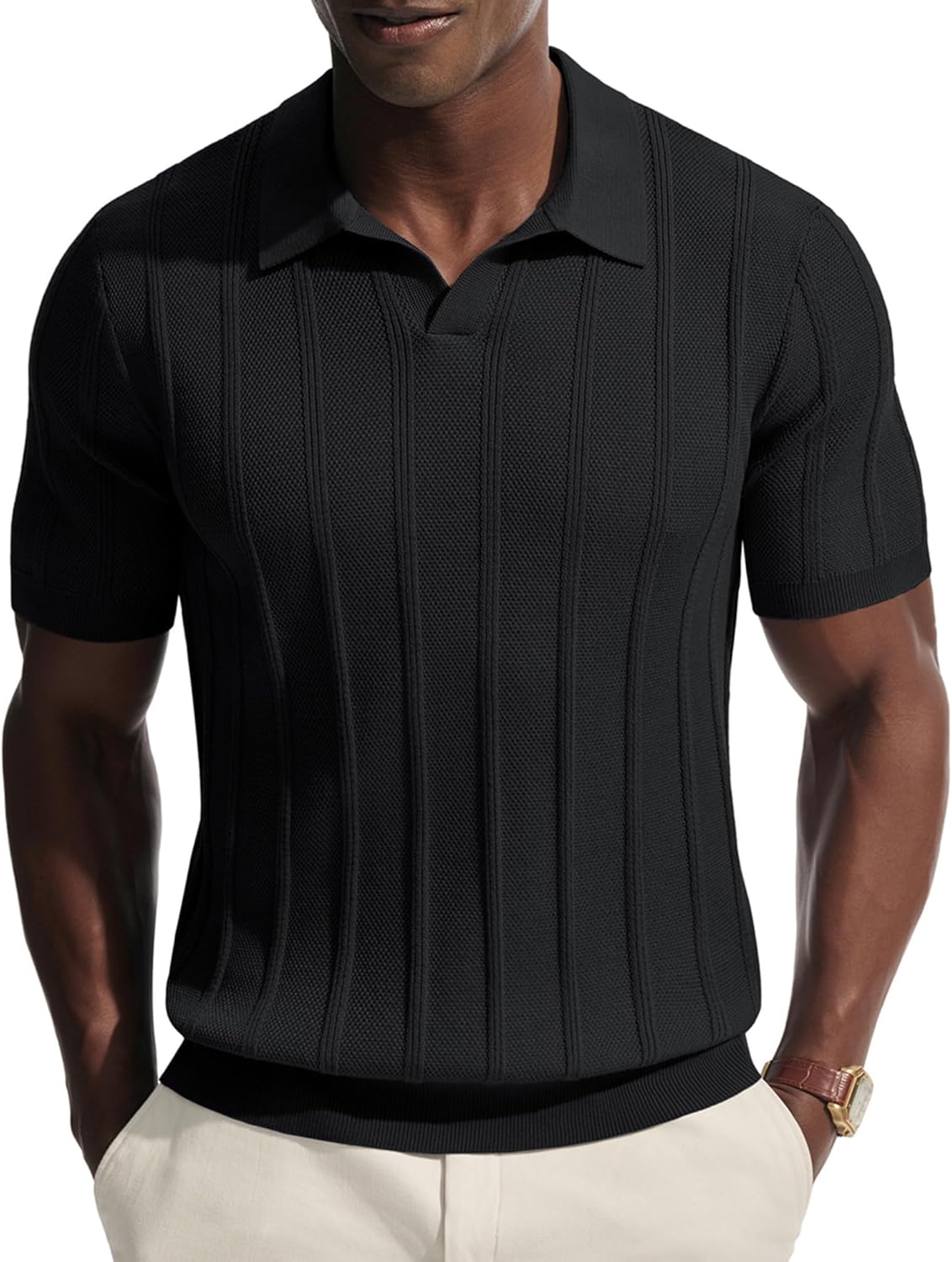 PJ PAUL JONES Mens Knit Polo Shirts V Neck Short Sleeve Casual Stylish Golf Shirt