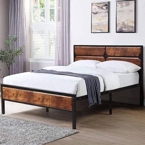 VECELO Base de cama de plataforma de tamaño individual con cabecera y estribo de madera, base de colchón de acero resistente con soporte de VECELO Base de cama de plataforma de tamaño individual con cabecera y estribo de madera, base de colchón de acero resistente con soporte de