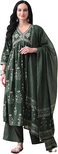MEERA FAB Alia Cut Kurta Palazzo and Dupatta Set,Pure Cotton, with Embroidery, Block Print