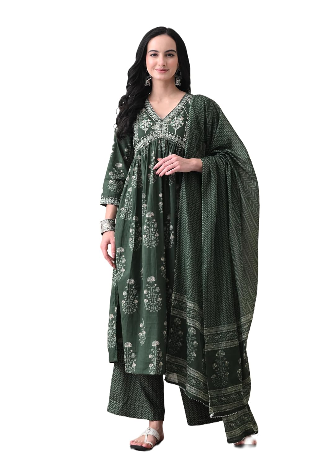 MEERA FAB Alia Cut Kurta Palazzo and Dupatta Set,Pure Cotton, with Embroidery, Block Print