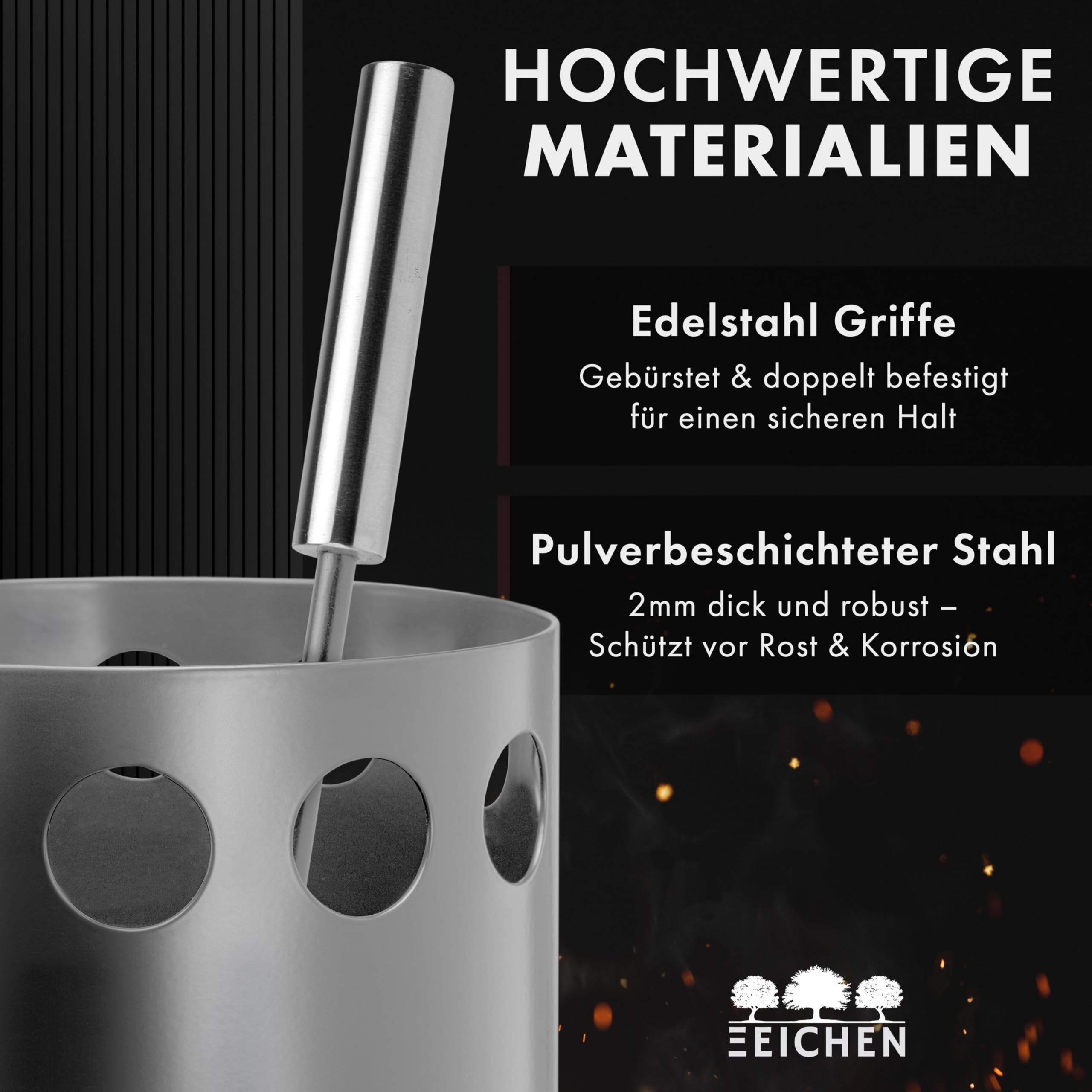 Kaminbesteck grau mit Schublade. 3-teilige Kamingarnitur mit Schürhaken, Ascheschaufel und Kaminbesen. Modernes Design. Ofenbesteck inkl. Ofen Zubehör. Kaminofen Zubehör. Kamin | Drei Eichen