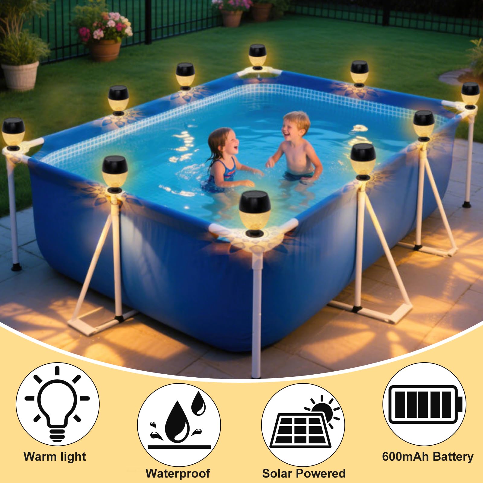 OBEST Lot de 4 éclairages solaires de piscine étanches pour piscines hors sol et sous le sol, accessoires de piscine pour l'extérieur, appliques murales décoratives pour l'extérieur