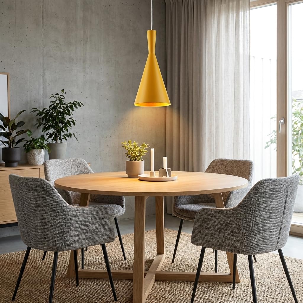 BARCELONA LED Solvang Hängelampe Gelb E27 | Matte Aluminiumschirm, Höhenverstellbares Kabel 130cm, Goldfarbener Innenreflektor, Für Wohn- Und Gewerberäume