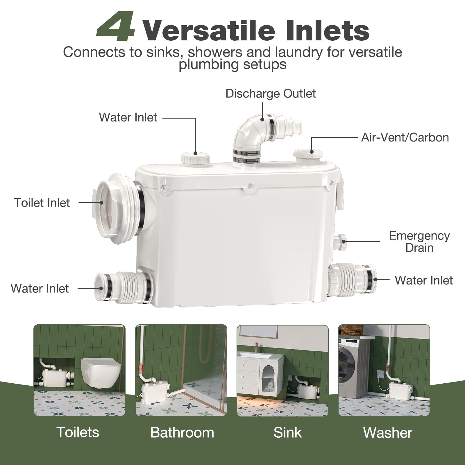 Smerigliatrice sanitaria da 500 W con scarico laterale, pompa di sollevamento per WC, lavanderia, cucina cantina, motore in rame, funzionamento silenzioso, installazione facile, 230 V