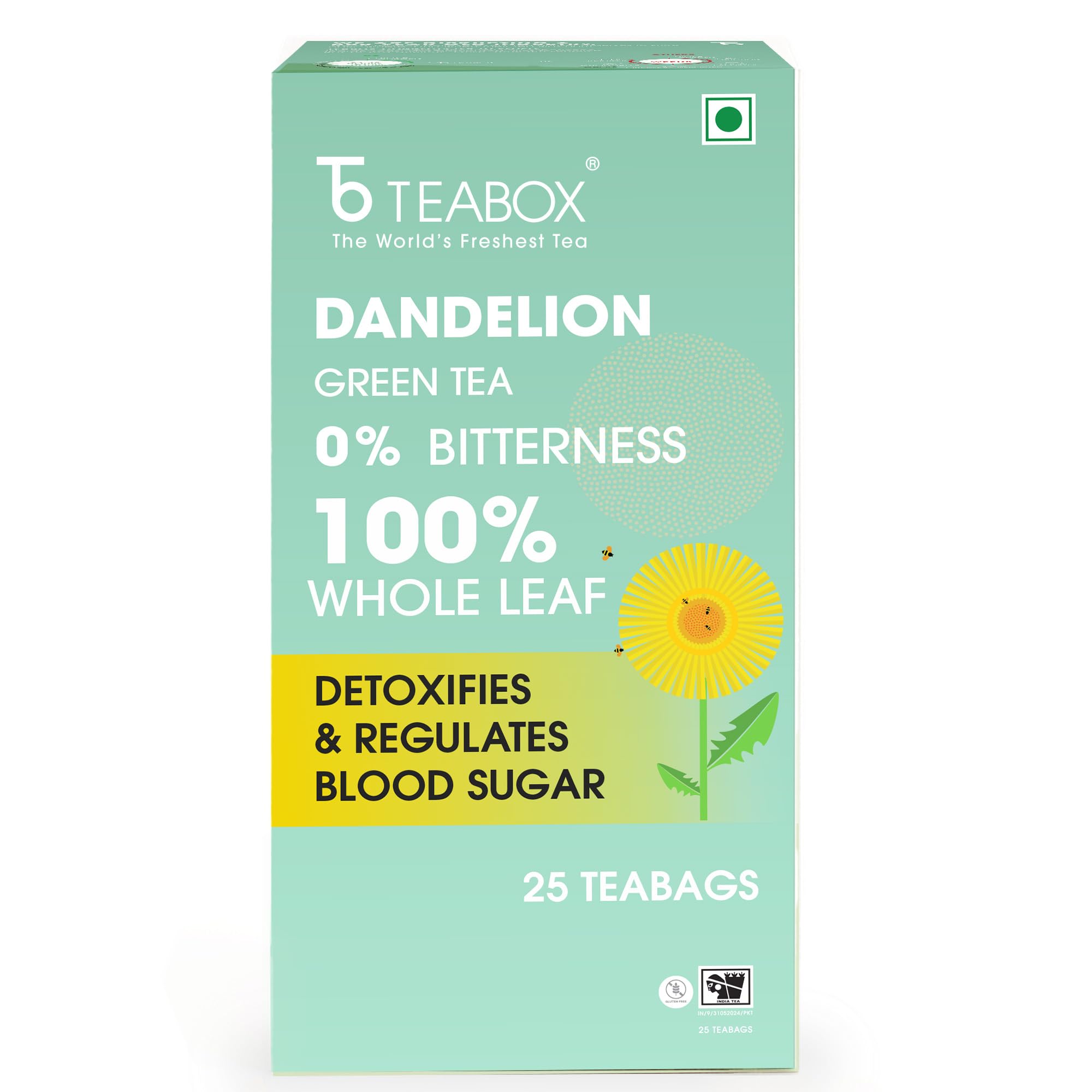 TeaboxPremium Darjeeling Green Tea With Dandelion Roots | 100% Whole Leaf & 0% Bitterness | Green Tea From The Himalayas | 25 Tea Bags (Low Caffeine)