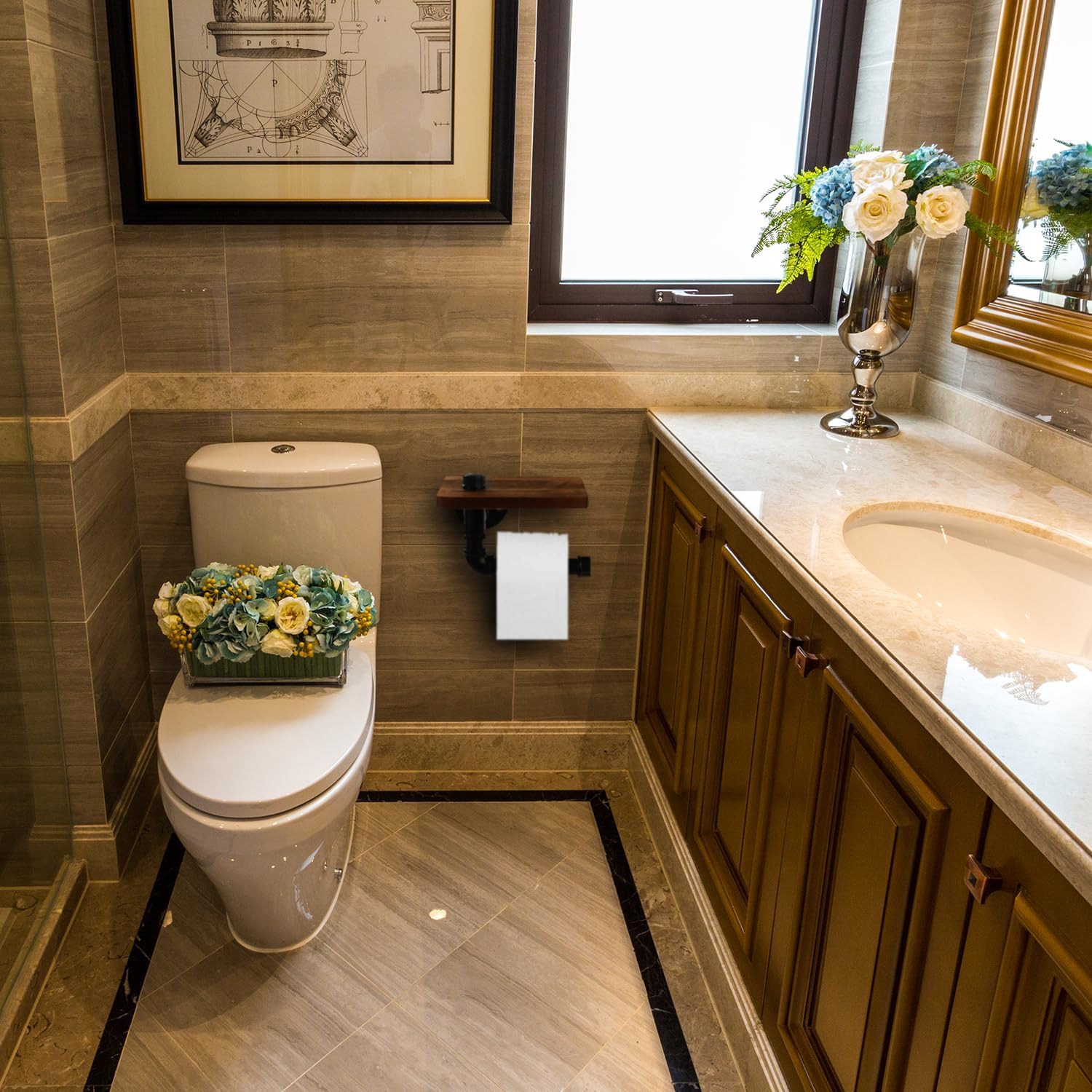 Industrial Pipe Wall Mounted Toilet Paper Holder with Shelf - Rustic Wood and Metal Bathroom Tissue Roll Holder, Farmhouse Decor for Bathroom-Brown