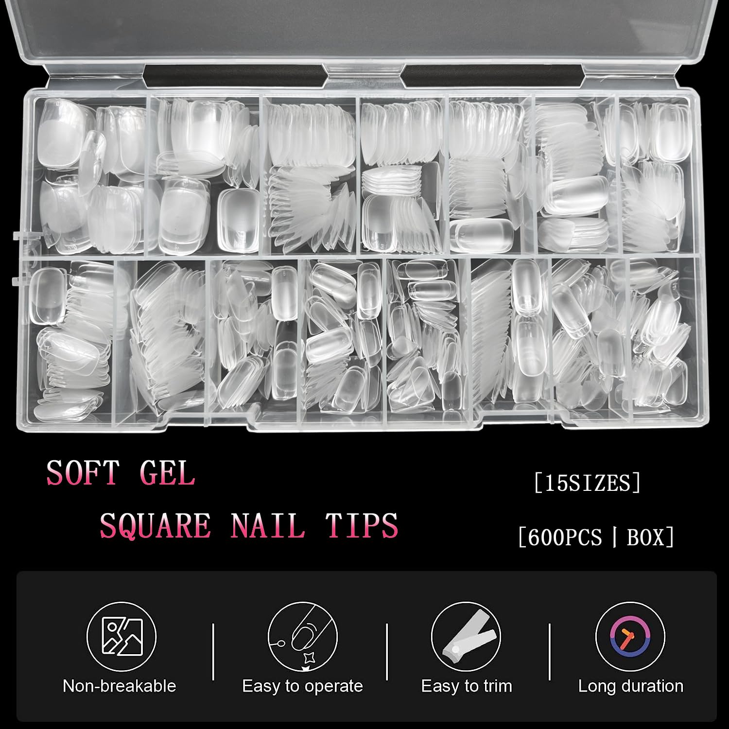 Square Fake Nail Tips. 600pcs Medium Pre-shape Clear Soft Gel False Nails Tips Full Cover Acrylic Half Matt French False Nails For Press On Nail Extension. Home DIY Salon 15 Sizes