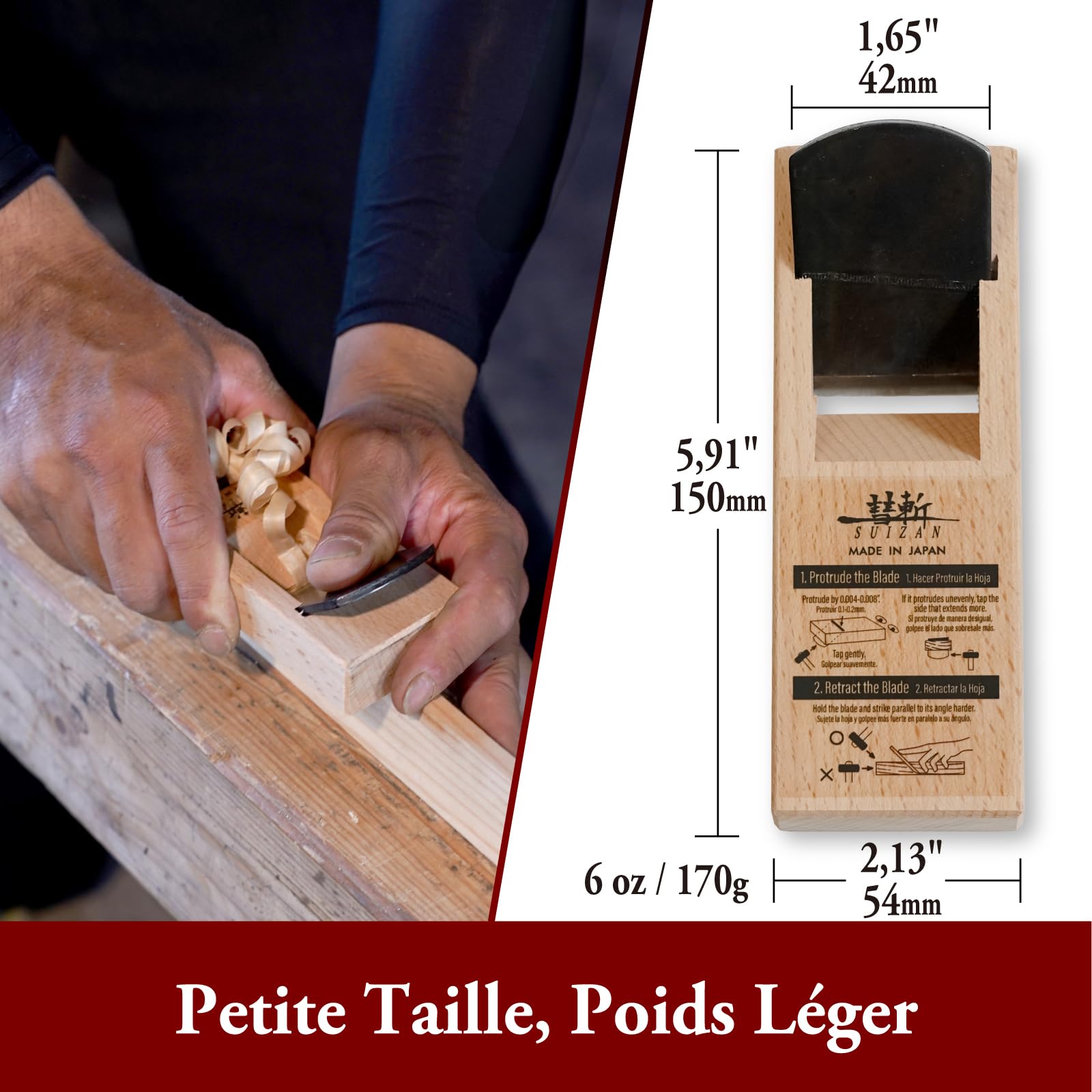 SUIZAN Kanna Rabot japonais à bois 42mm - Outils de menuiserie professionnels