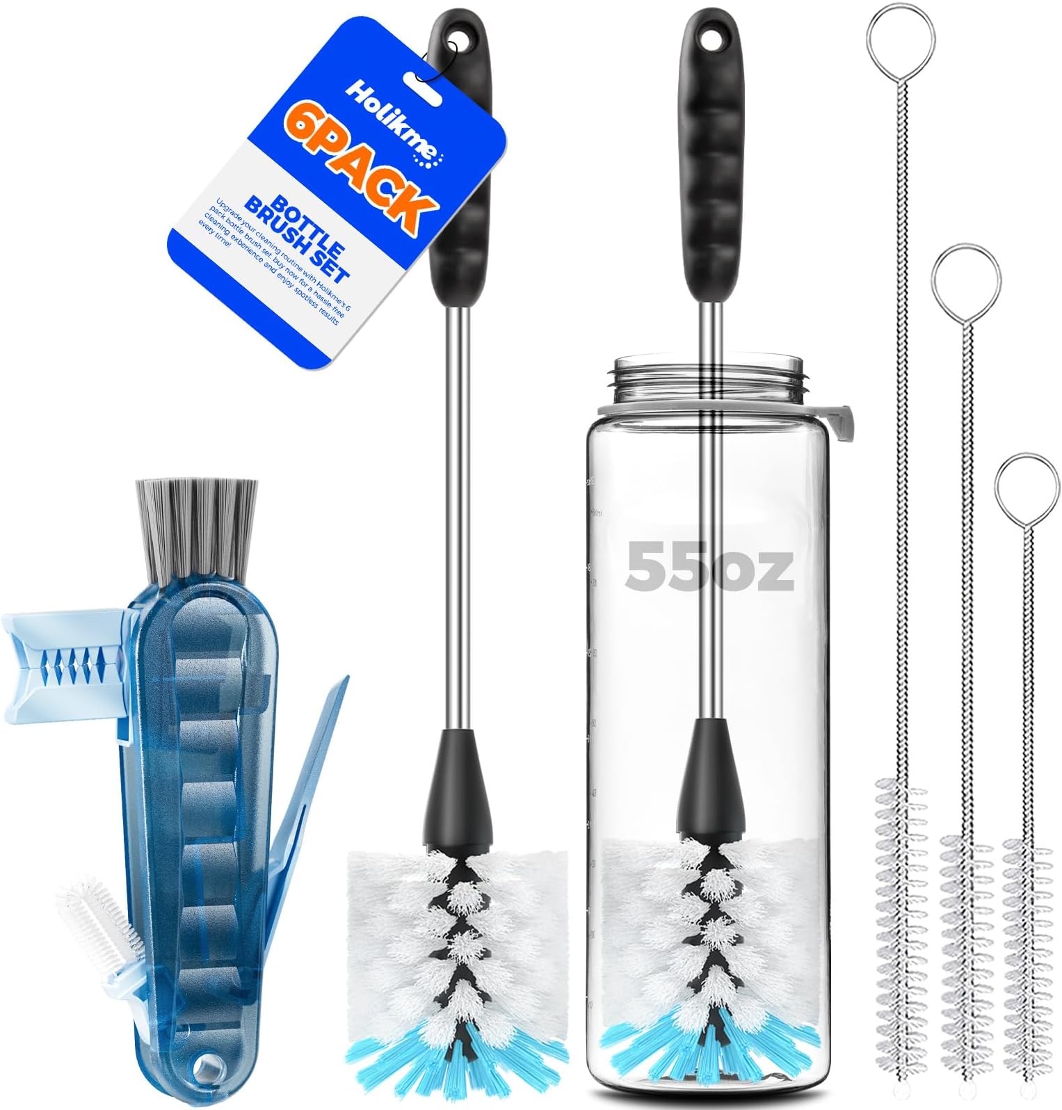 Holikme 6 Pack Bottle Brush Set, 14" Long Handle Stainless Steel Bottle Cleaner Brush, 3 Straw Brushes, 3-in-1 Bottle Cleaning Brush for Water Bottle, Baby Bottle, Blue&White