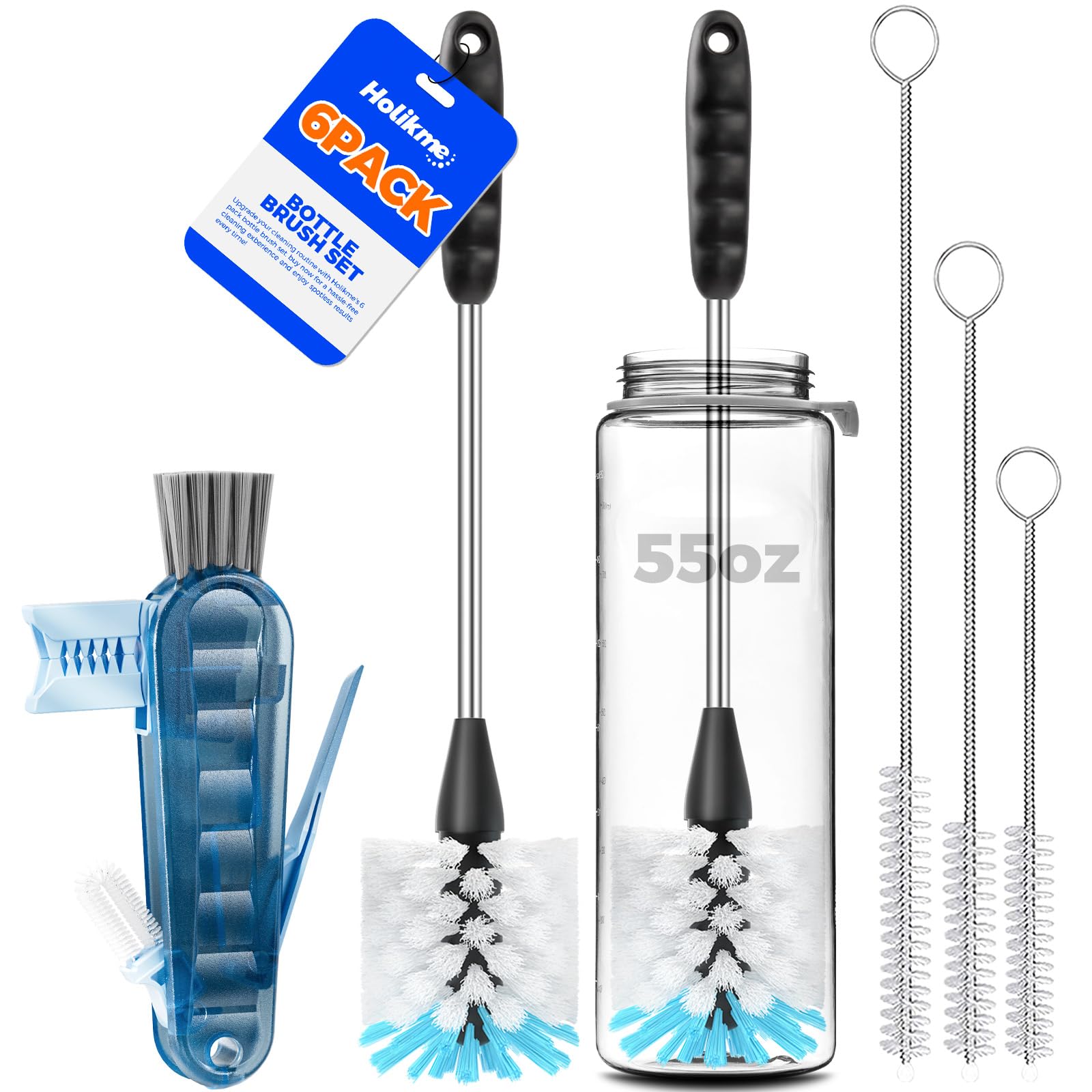 Holikme 6 Pack Bottle Brush Set, 14" Long Handle Stainless Steel Bottle Cleaner Brush, 3 Straw Brushes, 4-in-1 Bottle Cleaning Brush for Water Bottle, Baby Bottle, Blue&amp;White