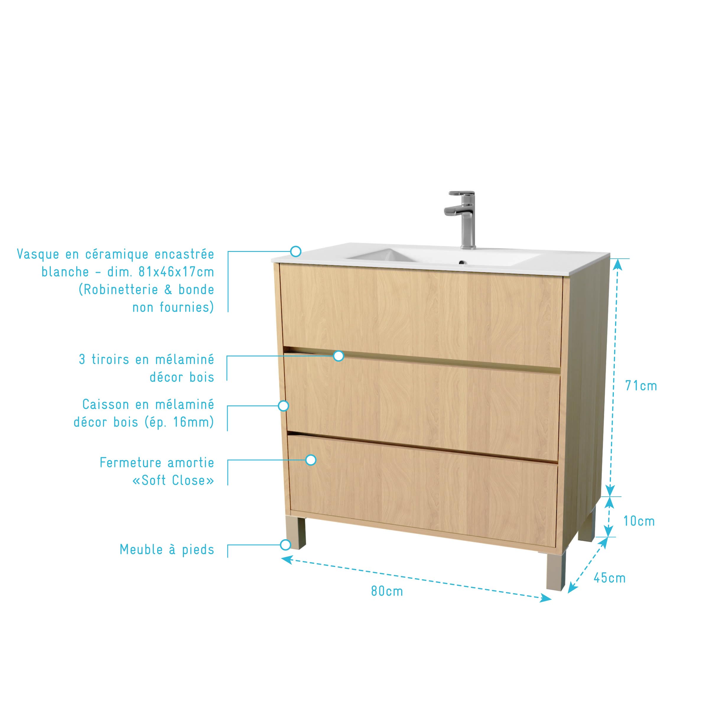 AURLANE Pack Meuble Salle de Bains 80 cm Chêne Clair, 3 tiroirs avec Vasque Céramique - Xenos