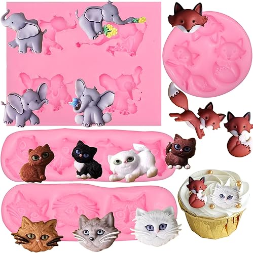 Lindos moldes de silicona de elefante, 4 piezas, zorros de animales de gato, flores de rosa, moldes de fondant de chocolate, para decoración de