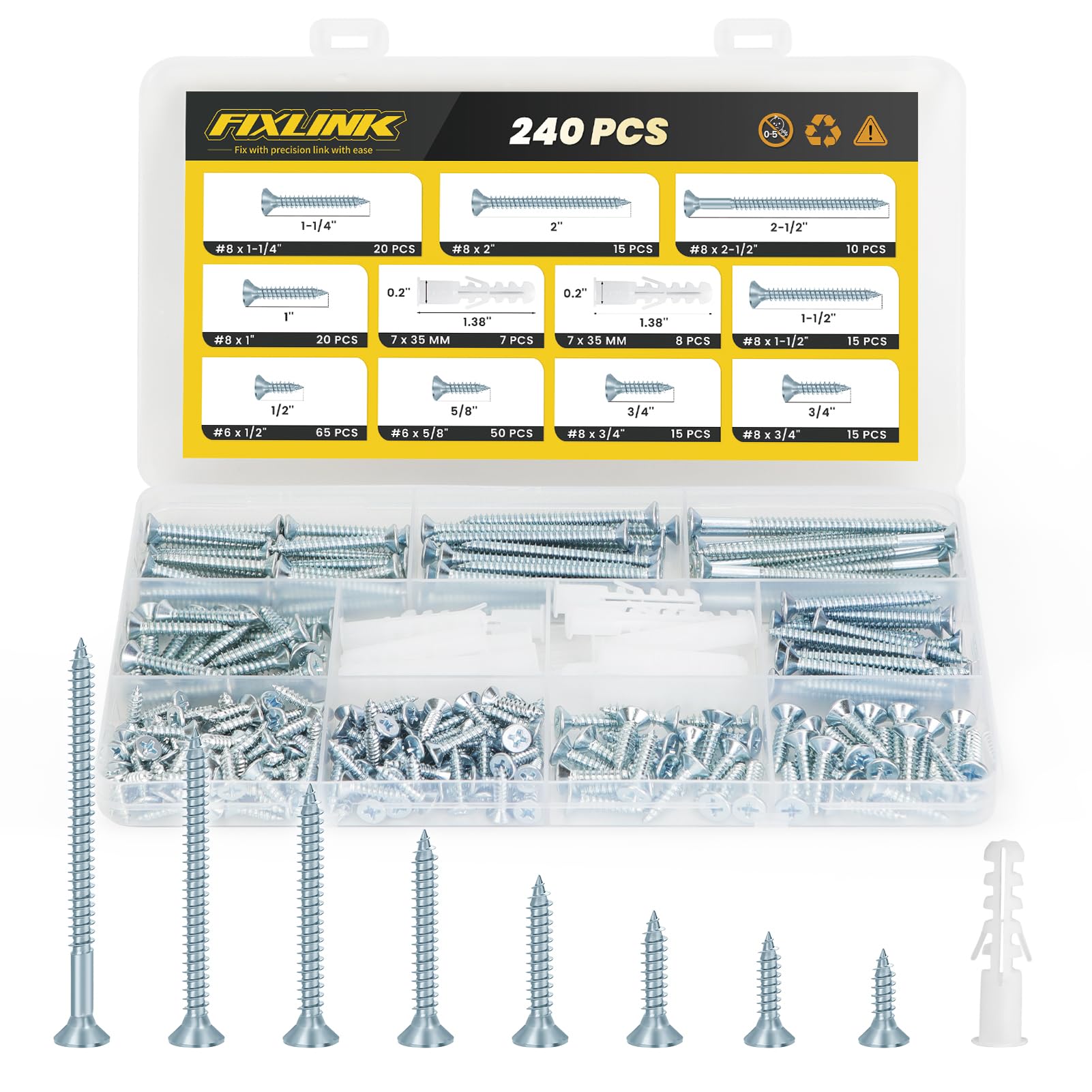 Wood Screws Assortment Kit, FIXLINK 240 PCS High Hardness Flat Head Wood Screws Set, Phillips Drive Assorted Screws, Contain 15PC Anchors and 8 Size (