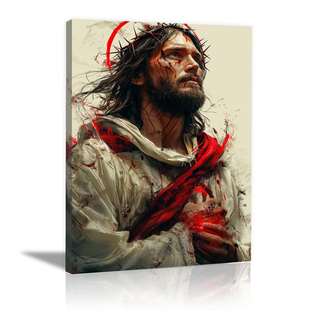 QUSAAOU Jesus Canvas Wall Art Jesus the Sacred Heart Christian Religious Prints Painting for Bedroom Living Room Bedroom Hallway Home Decoration(cream)-70x100cm Framed