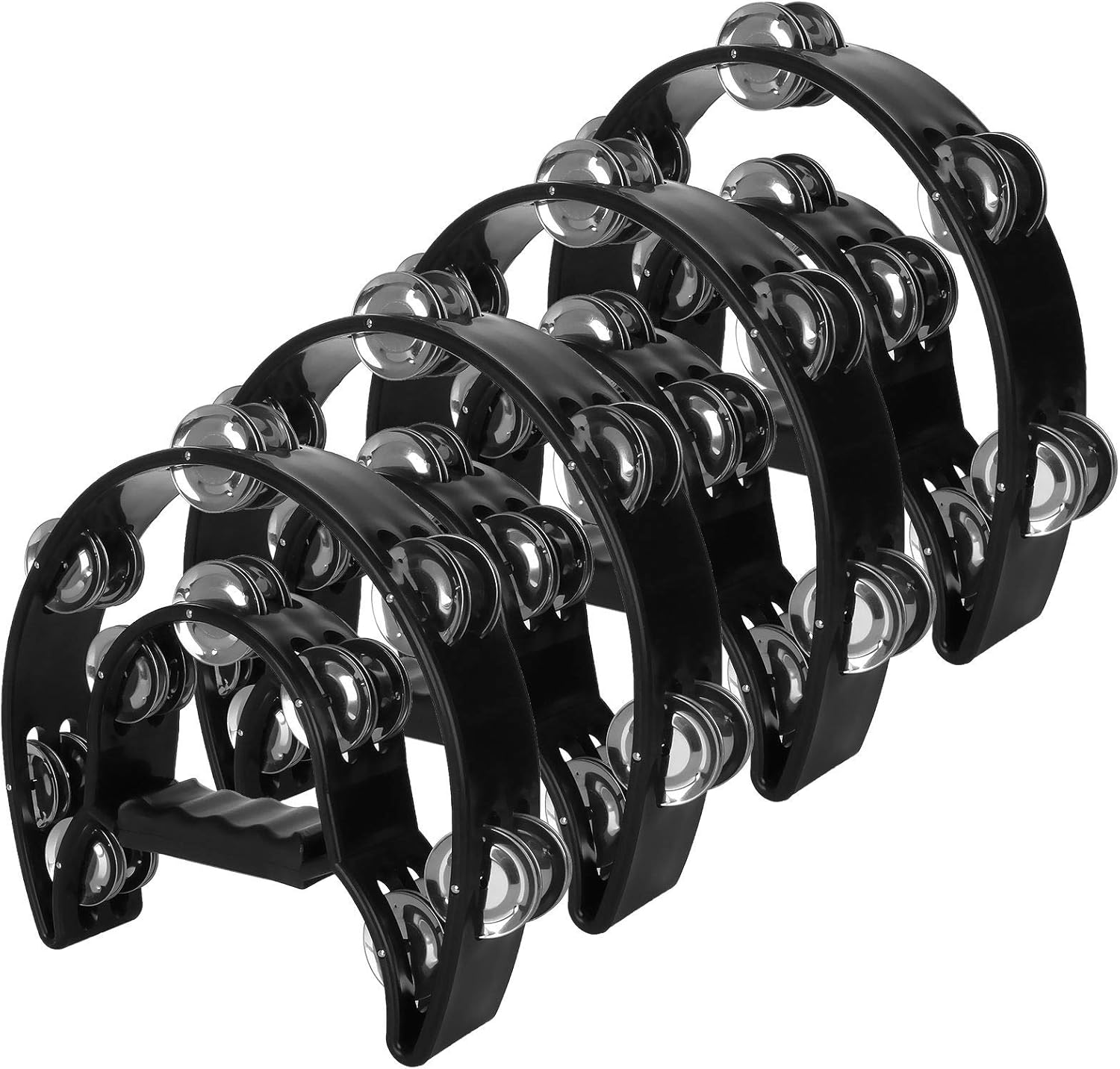 4 Pack 10" Half Moon Musical Tambourine Black Metal Jingles Hand Held Percussion Drum - Double Row, Plastic Musical Percussion Tambourines for Party Bar KTV Bands Musicians