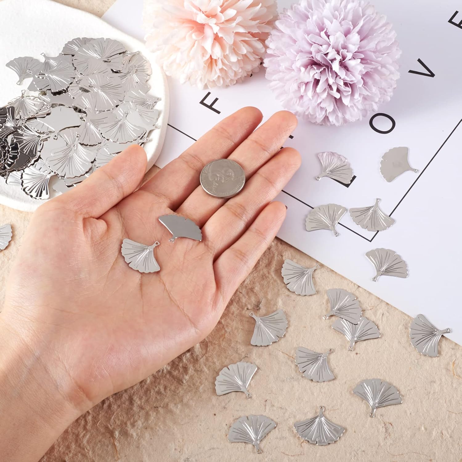 100pcs Ginkgo Leaf Charms Platinum Brass Leaves Pendents Vintage Plant Ornament Autumn Theme Jewelry Findings for Keychain Necklace Bracelet Hanging Making DIY Crafts - Image 5