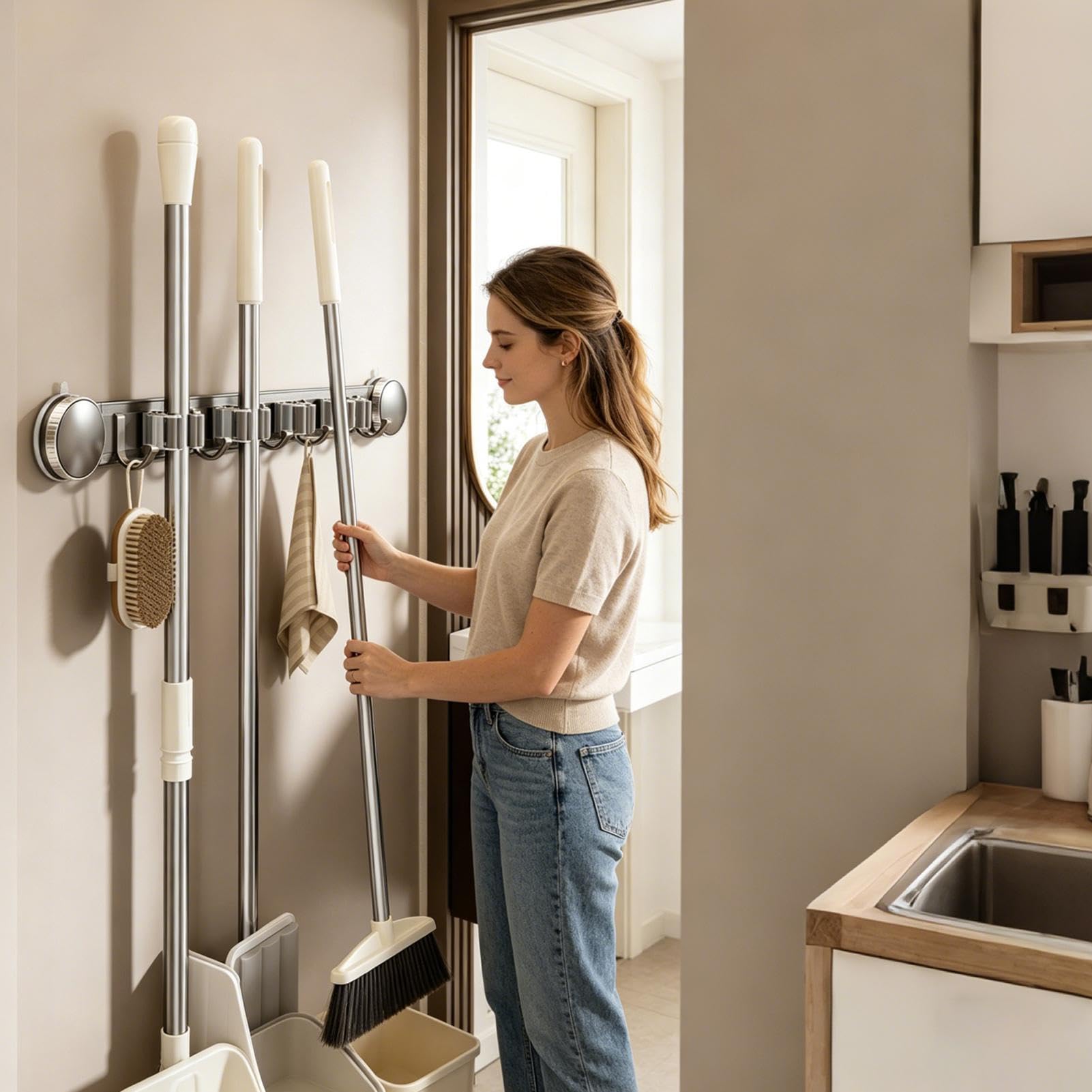 Supporto per da parete, supporti multiuso con antiruggine e alto | Organizer da parete per scope, per camera da letto, ufficio, appartamento, soggiorno, bagno