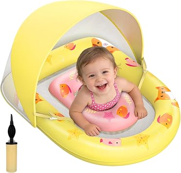 Baby Pool Float with UPF 50+ Canopy, Anti-Flip Inflatable Swim Ring Yellow