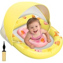 Baby Pool Float with UPF 50+ Canopy, Anti-Flip Inflatable Swim Ring Yellow | Portable Toddler Water Floatie, Ideal For Beach Vacation & Summer Travel, Infant Pool Swim Gear for 6-36 Months