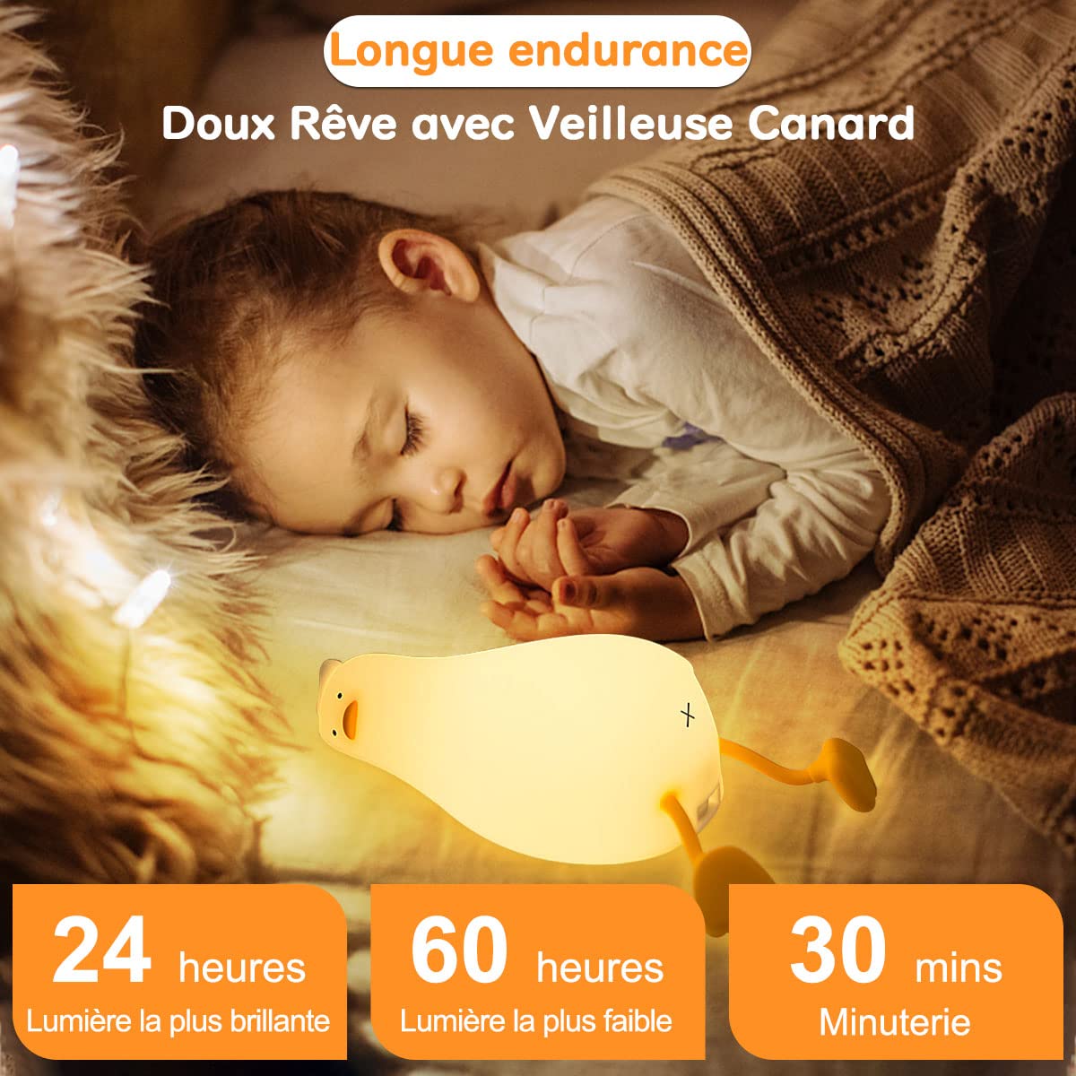 FAMIDUO Luce Notturna Bambini, Sdraiata Anatra Lampada Led Ricaricabile, Neonato Accessori Utili Camera Da Letto, Lampada Comodino, Regalo Neonata Femmina, Luminosità Regolabile, Tempismo Di 30 Minuti